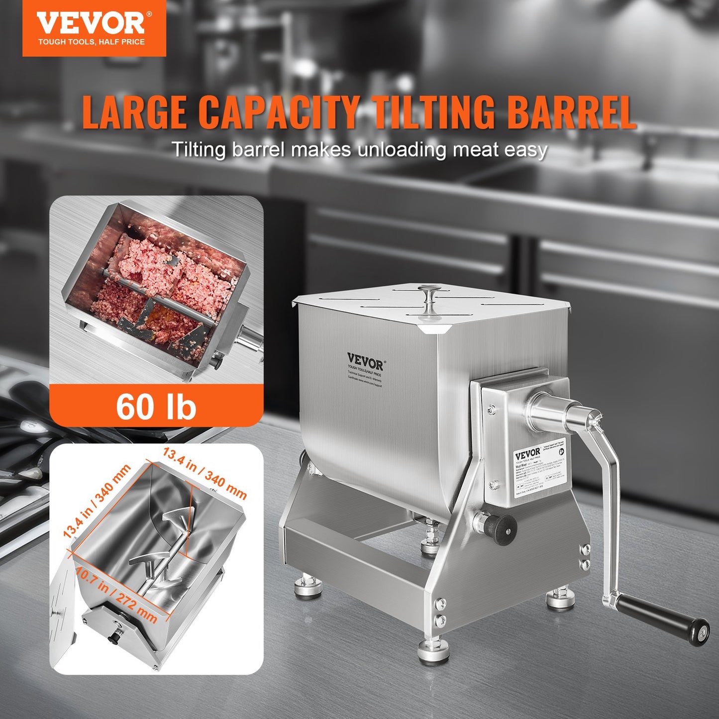 VEVOR 30L Tilt Manual Meat Mixer Sausage Hand Mixer Machine Stainless Steel