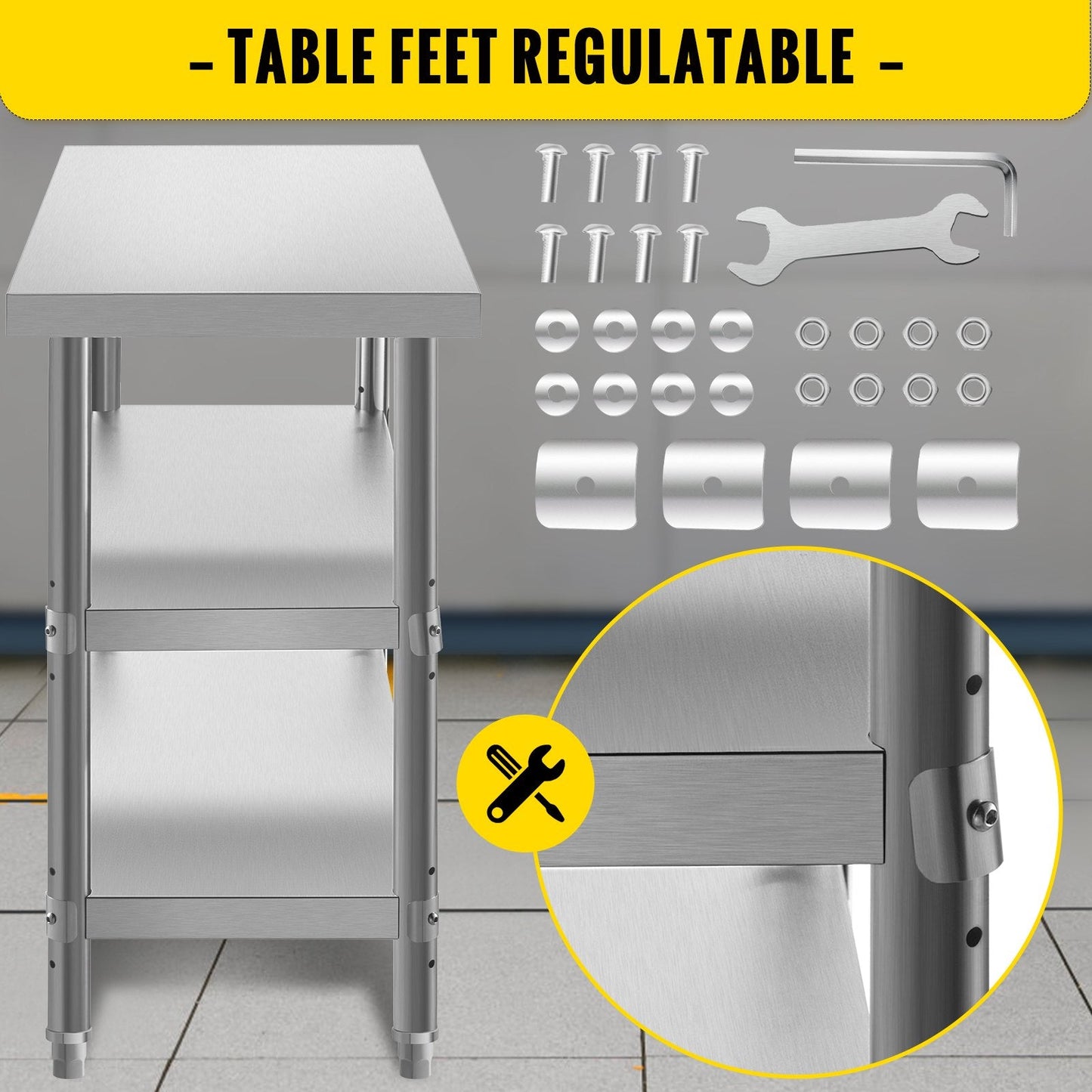 Stainless Steel Restaurant Prep Table with Adjustable Shelves, 122x35x85.5 cm