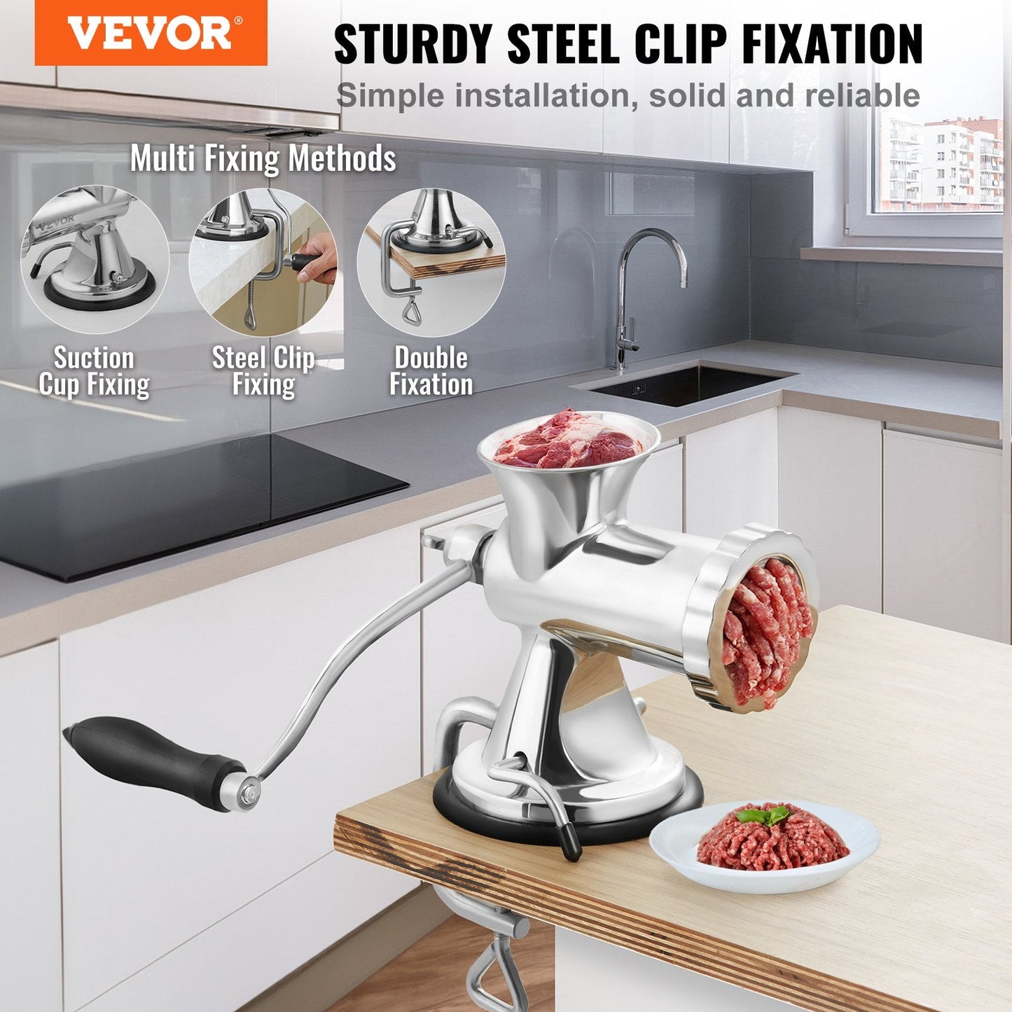 Stainless Steel Manual Meat Grinder with Suction Cup & Table Clamp, 3.7 kg