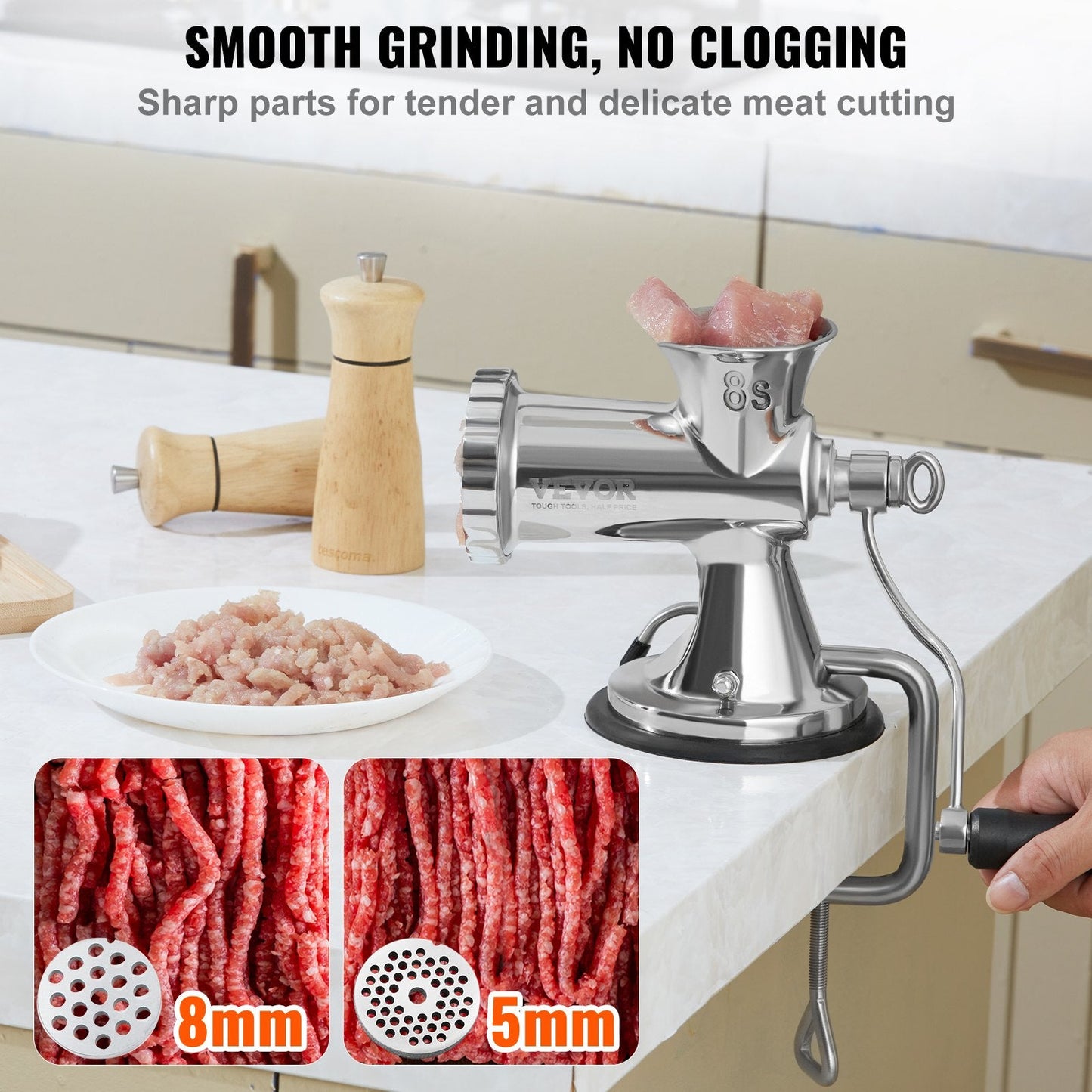 Stainless Steel Manual Meat Grinder with Suction Cup & Table Clamp, 3.7 kg