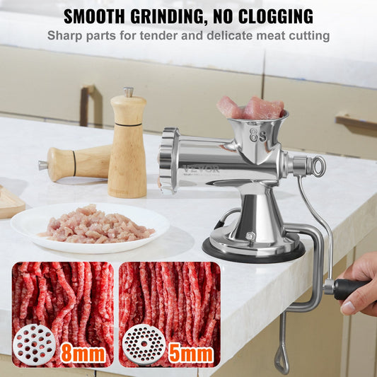 Stainless Steel Manual Meat Grinder with Suction Cup & Table Clamp, 3.7 kg