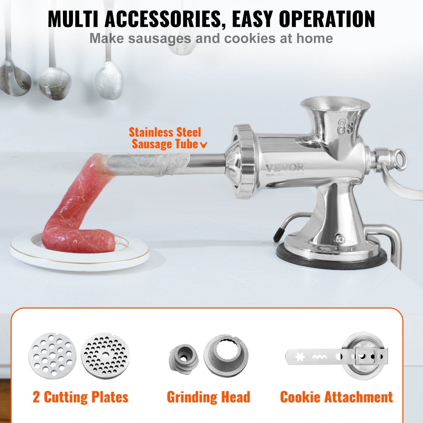 Stainless Steel Manual Meat Grinder with Suction Cup & Table Clamp, 3.7 kg
