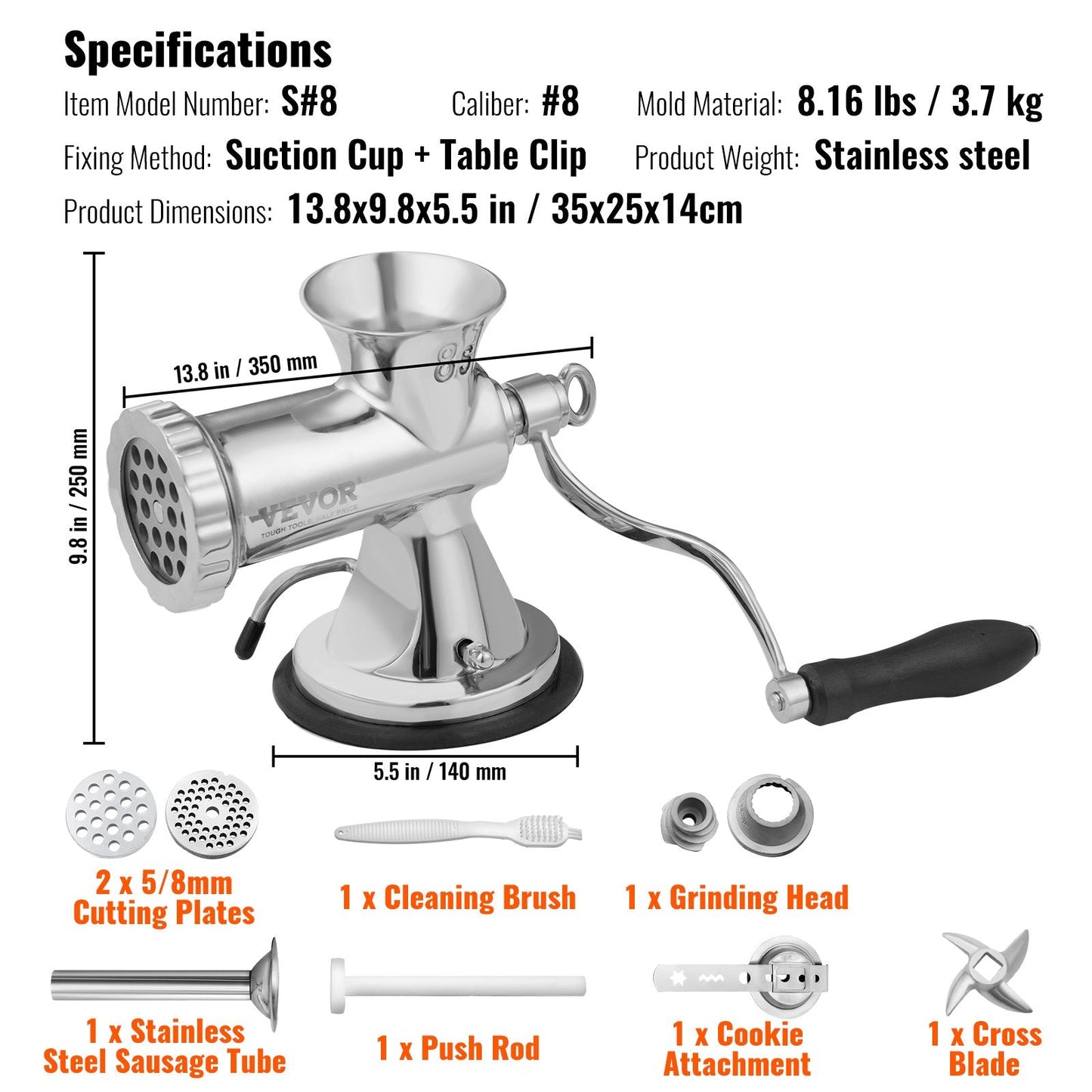 Stainless Steel Manual Meat Grinder with Suction Cup & Table Clamp, 3.7 kg