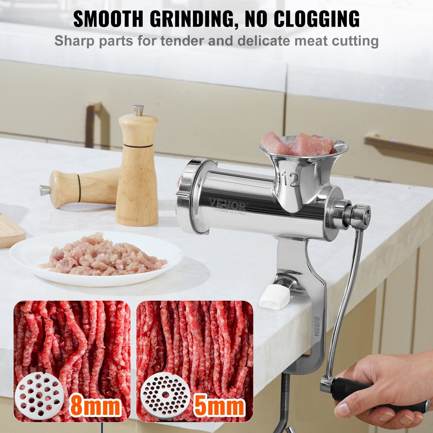 VEVOR Manual Meat Grinder, 304 Stainless Steel Hand Meat Grinder with Steel Table