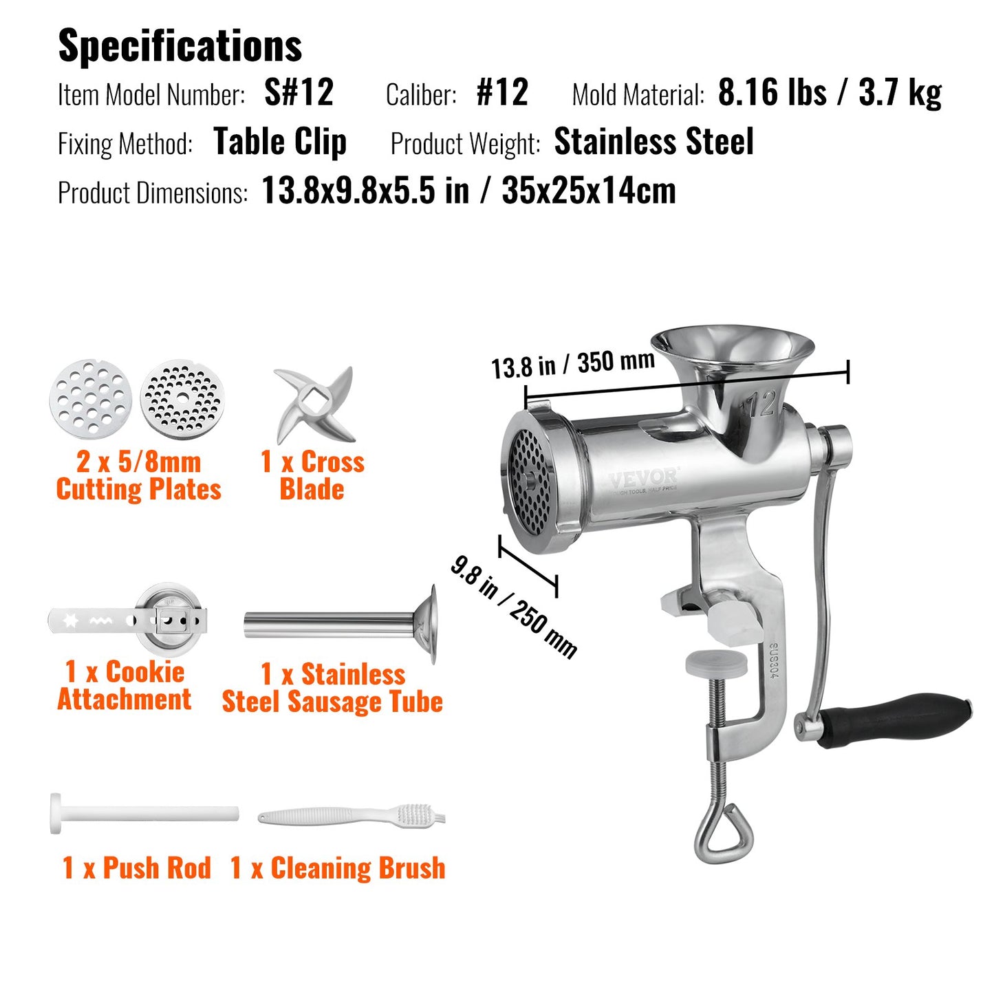 VEVOR Manual Meat Grinder, 304 Stainless Steel Hand Meat Grinder with Steel Table