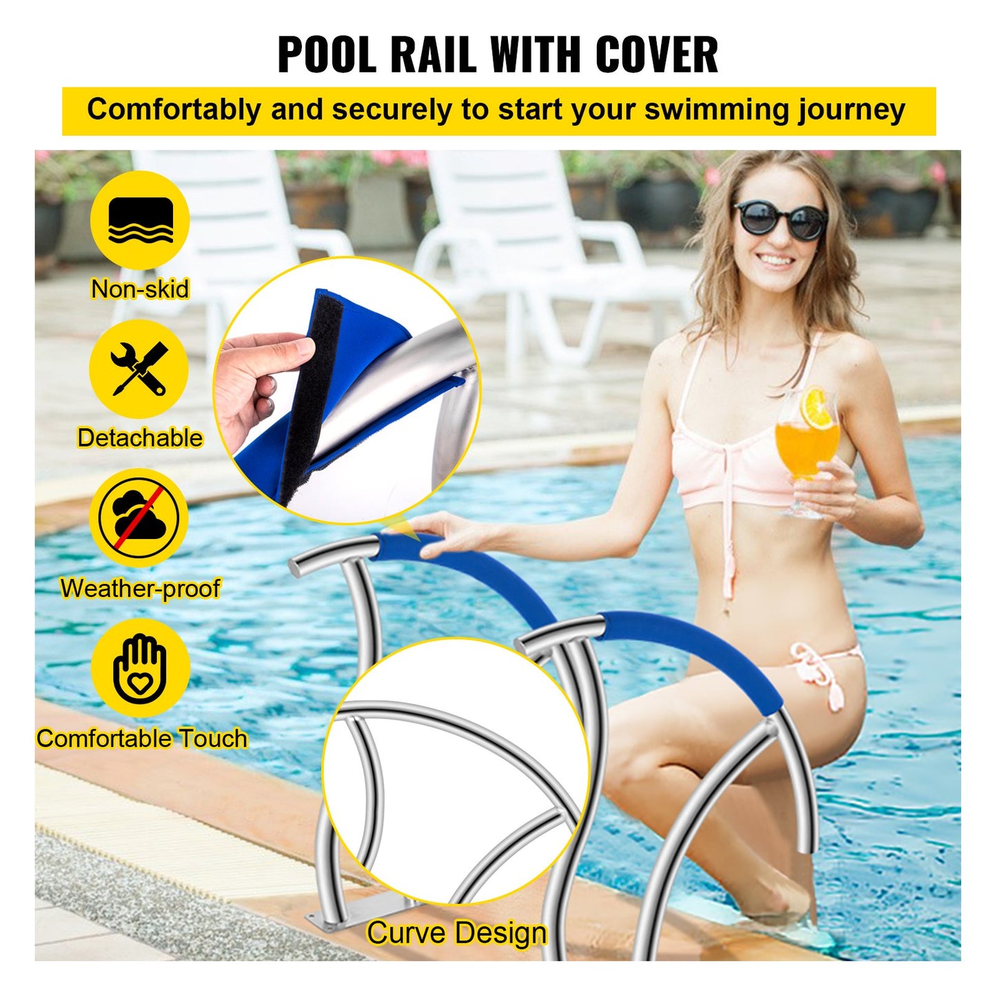 VEVOR Pool Handrail, 30" x 30" Swimming Pool Stair Rail, 2 PCs Stainless Steel Stair