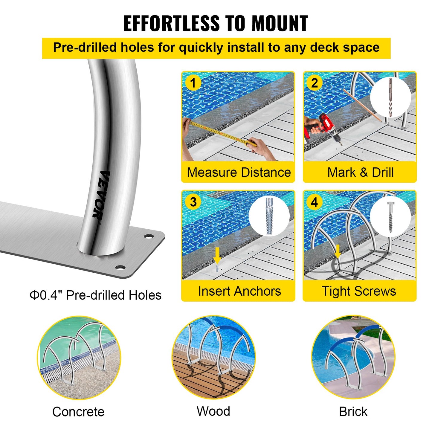 VEVOR Pool Handrail, 30" x 30" Swimming Pool Stair Rail, 2 PCs Stainless Steel Stair