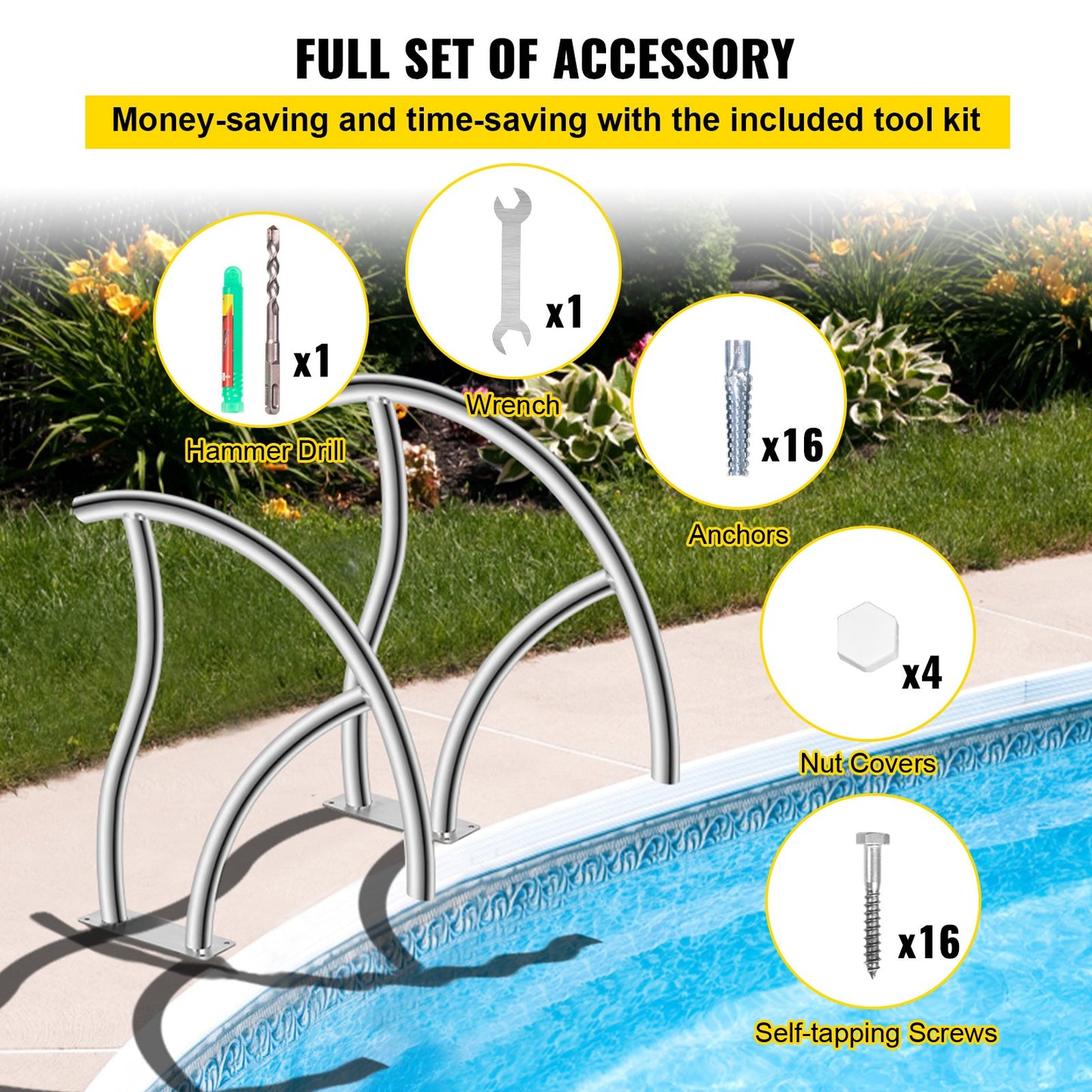 VEVOR Pool Handrail, 30" x 30" Swimming Pool Stair Rail, 2 PCs Stainless Steel Stair