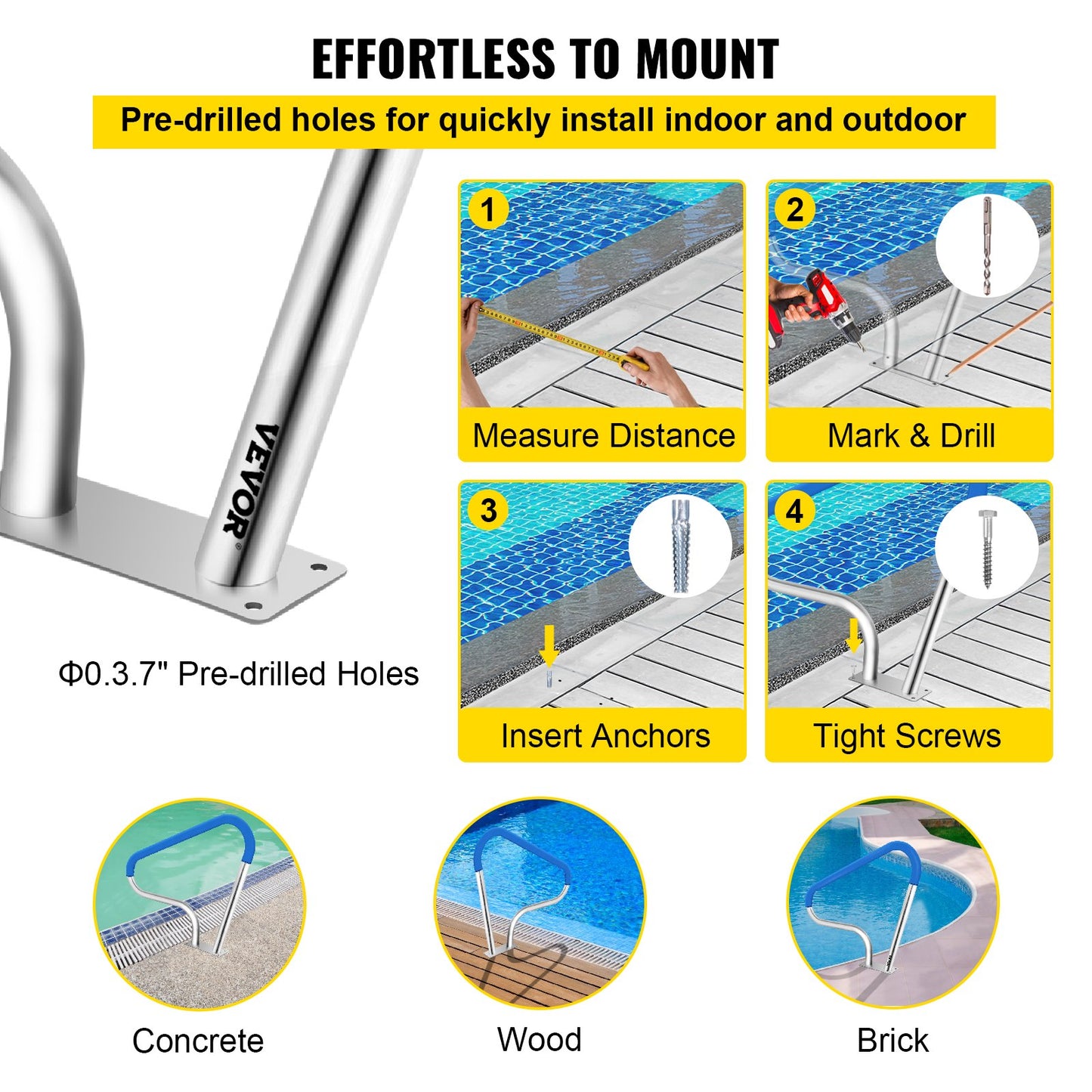 VEVOR Pool Rail 39x32 Pool Railing 304 Stainless Steel 250LBS Load Capacity Silver