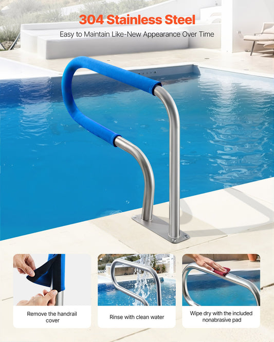 Pool Rail, 78.8 x 55.8 cm Pool Handrail, 100kg Load Capacity Heavy Duty 304 Stainless Steel Swimming Handrail, Detachable Nonslip Sleeve, Rich Accessories, for Poolside, Water Parks, Spa Centers