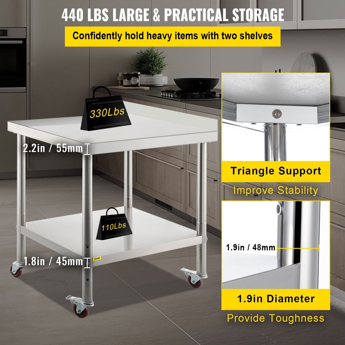 VEVOR Stainless Steel Prep Table, 24 x 15 x 35 Inch, 440lbs Load Capacity Heavy