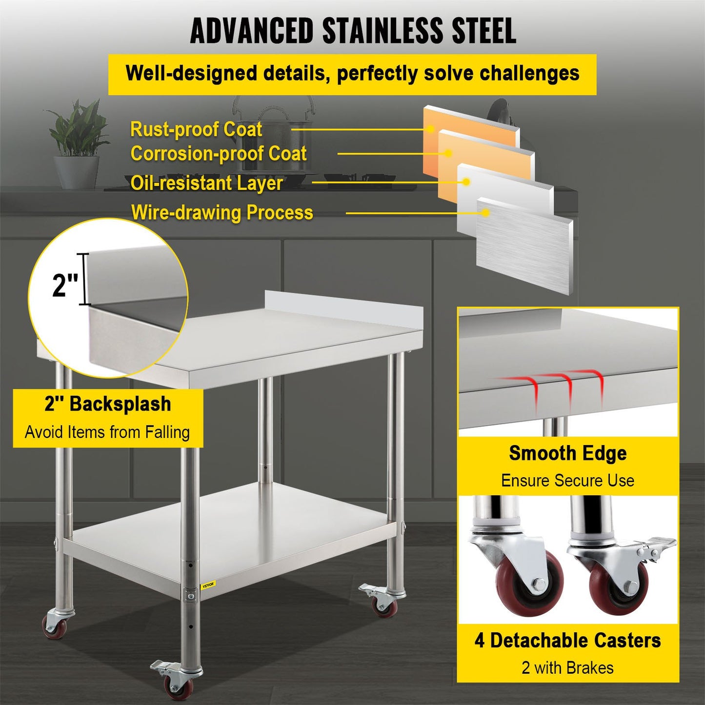 VEVOR Stainless Steel Prep Table, 24 x 15 x 35 Inch, 440lbs Load Capacity Heavy