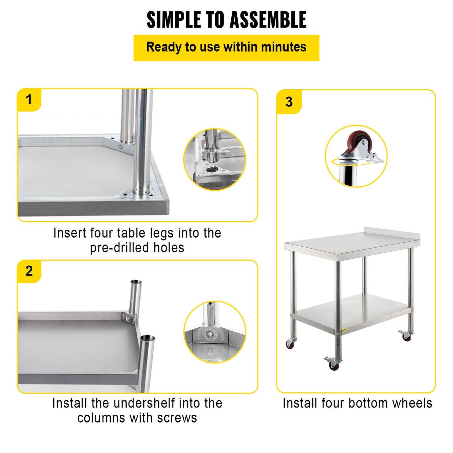VEVOR Stainless Steel Prep Table, 24 x 15 x 35 Inch, 440lbs Load Capacity Heavy