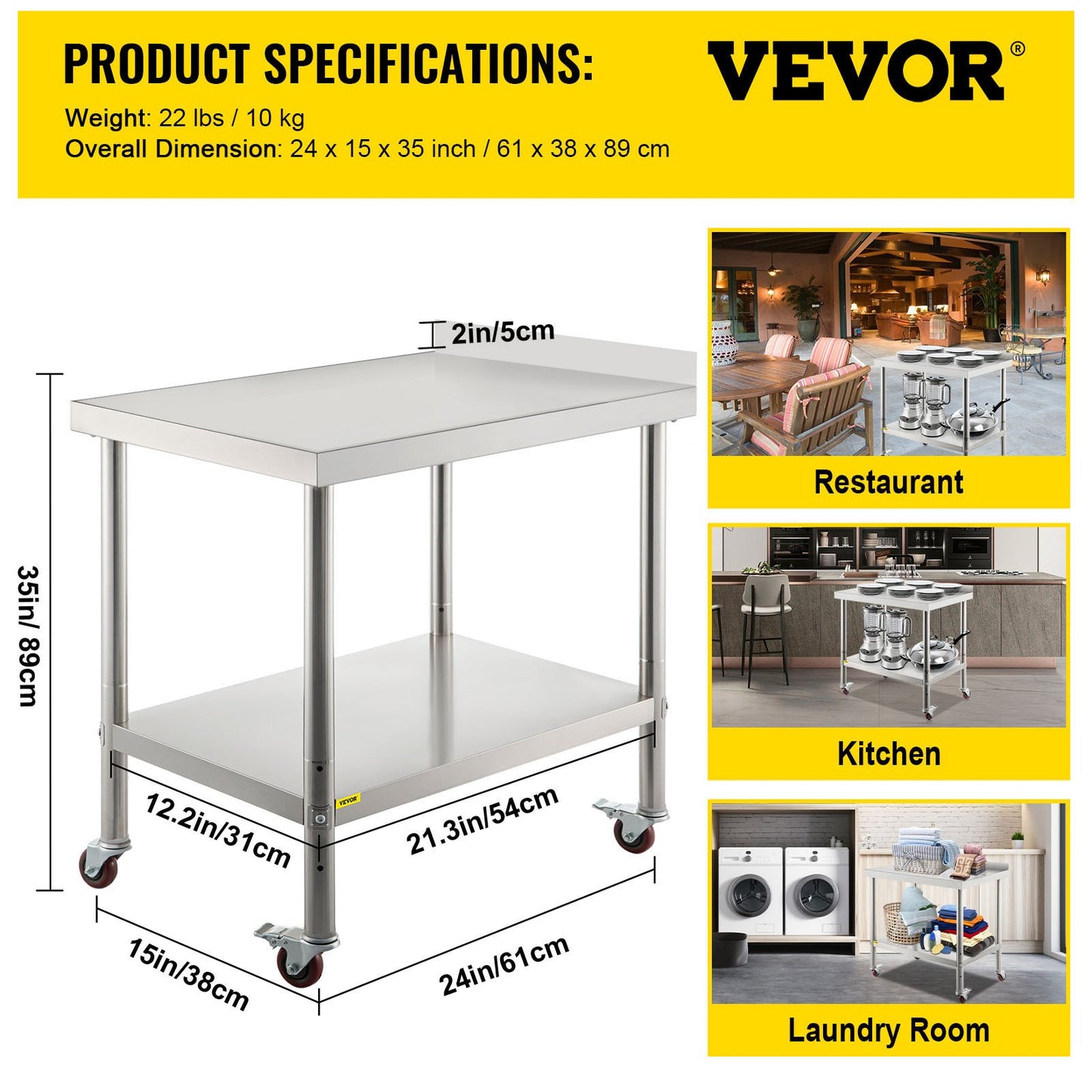 VEVOR Stainless Steel Prep Table, 24 x 15 x 35 Inch, 440lbs Load Capacity Heavy
