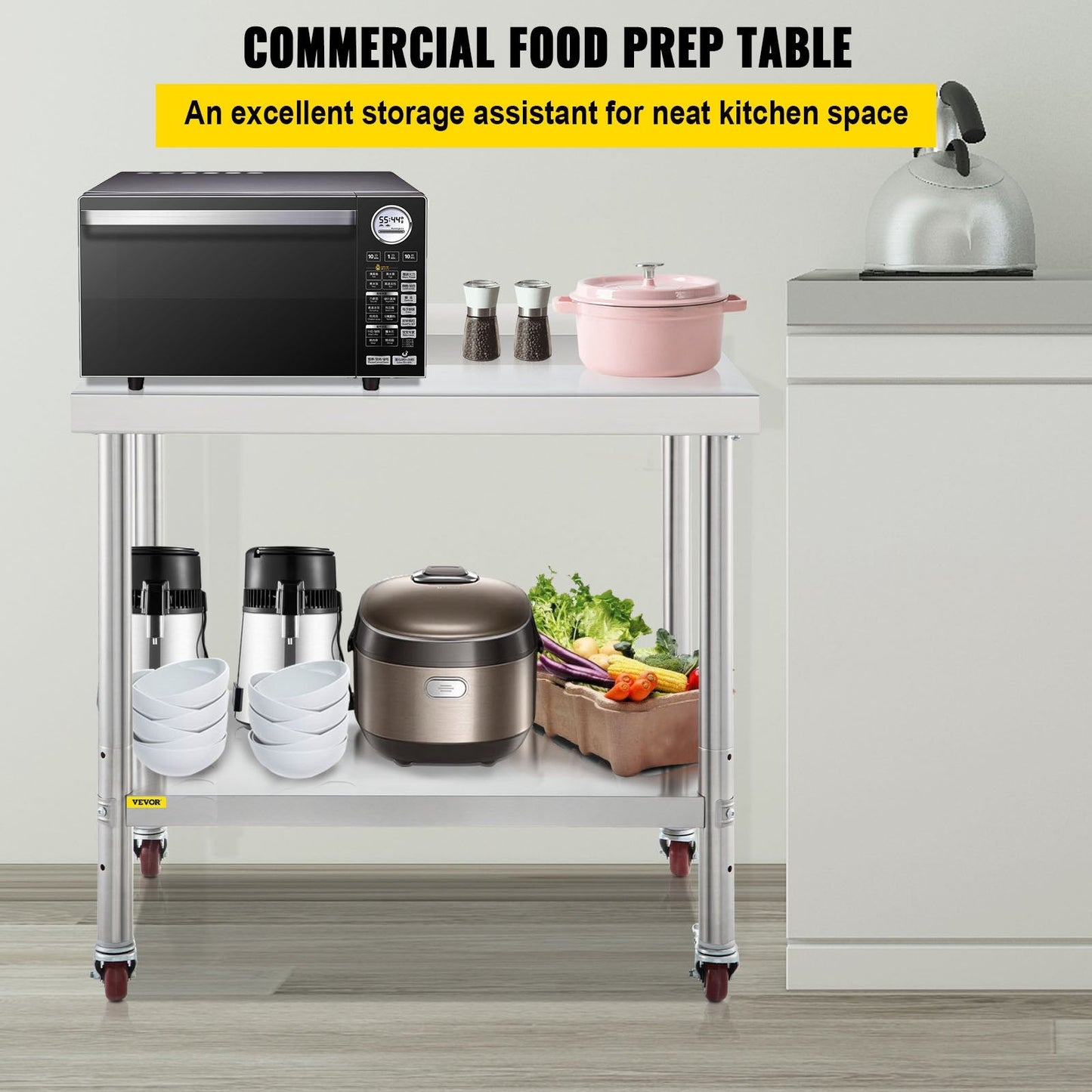Stainless Steel Work Table with Backsplash & Wheels, 200kg Capacity, 76x61x89cm