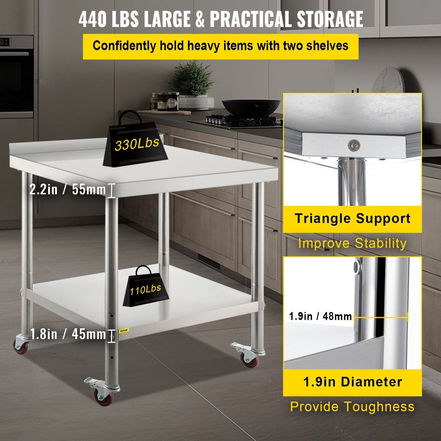 Stainless Steel Work Table with Backsplash & Wheels, 200kg Capacity, 76x61x89cm