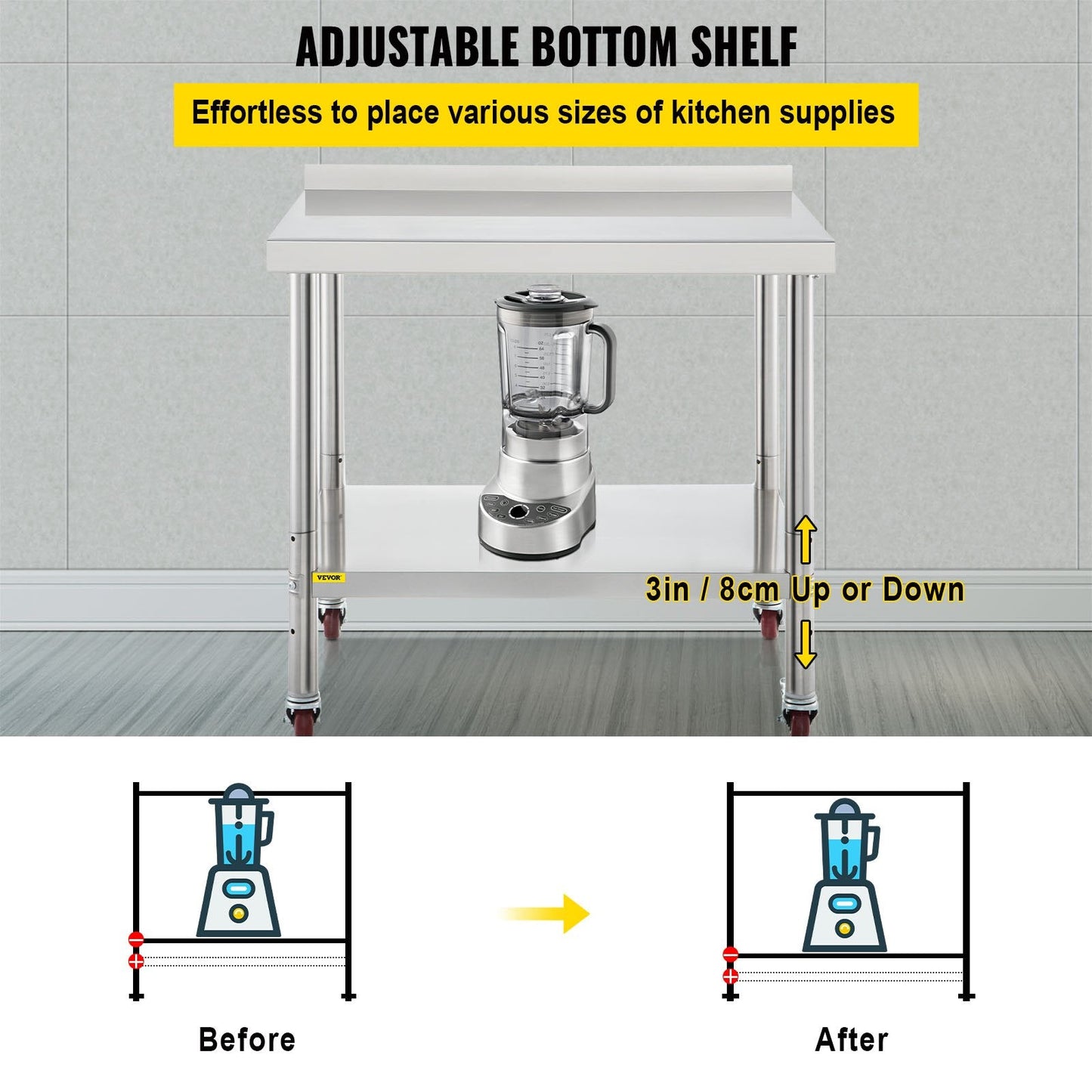 Stainless Steel Work Table with Backsplash & Wheels, 200kg Capacity, 76x61x89cm