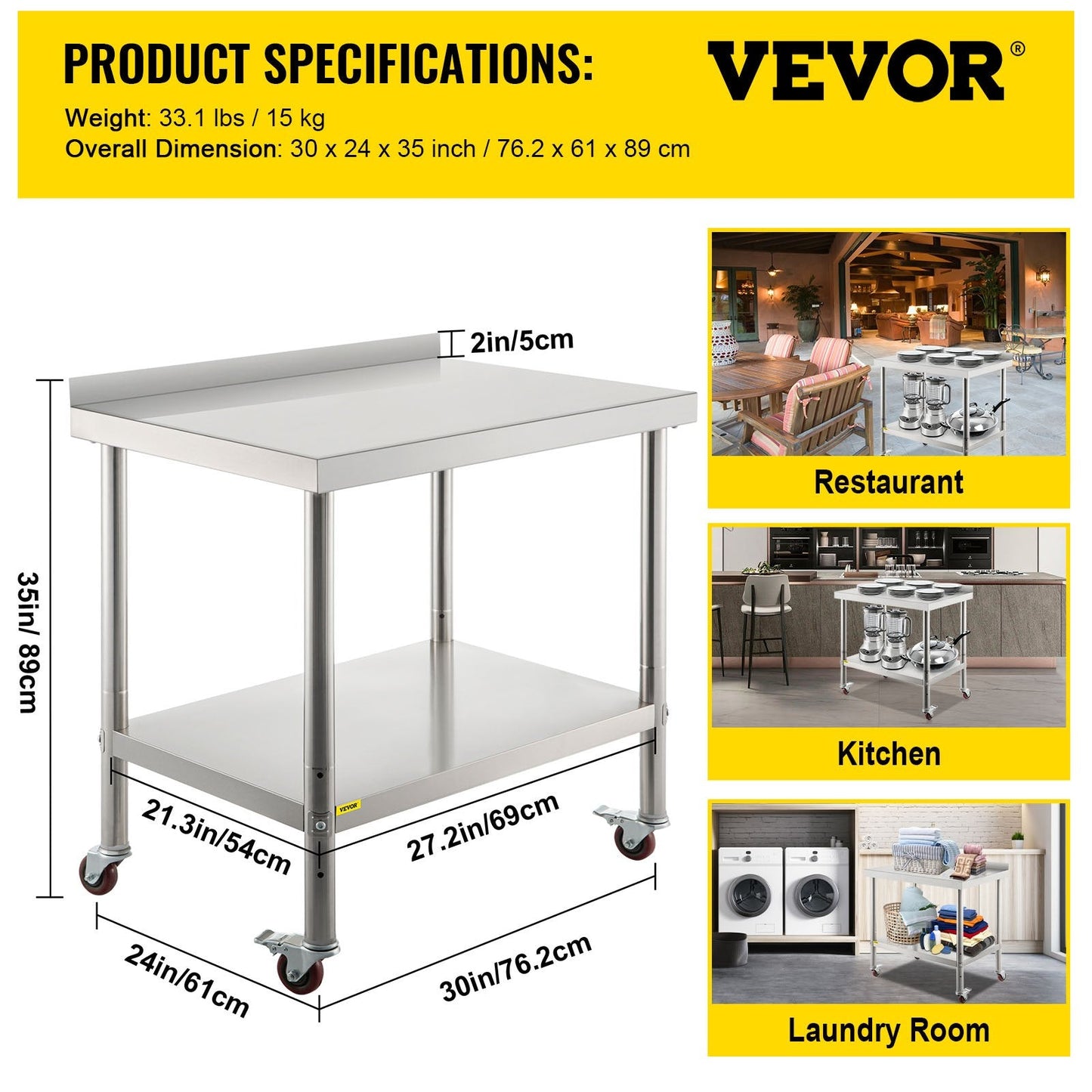 Stainless Steel Work Table with Backsplash & Wheels, 200kg Capacity, 76x61x89cm