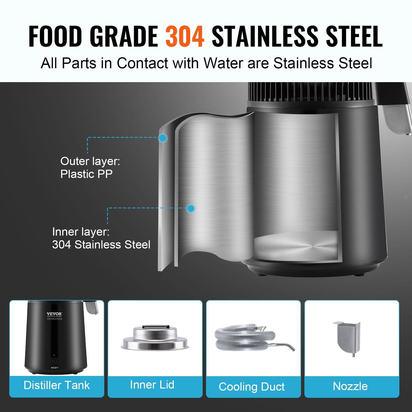 Countertop 4L Water Distiller, Stainless Steel, 750W, Home Use, Black