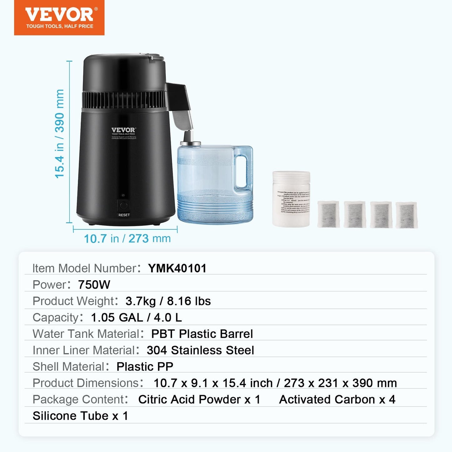 Countertop 4L Water Distiller, Stainless Steel, 750W, Home Use, Black