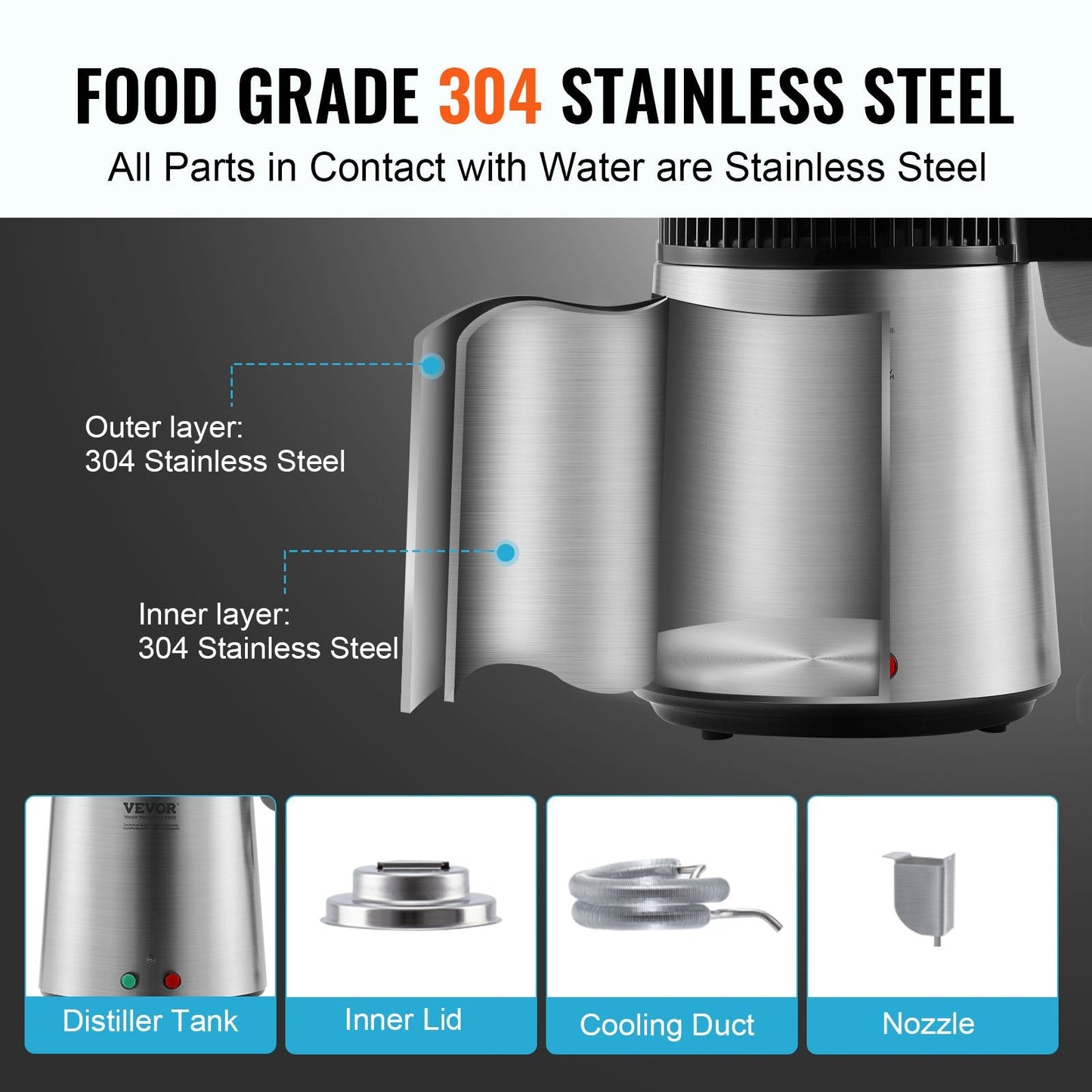 Home Countertop Water Distiller, 4L Pure Water Purifier, Stainless Steel, 750W
