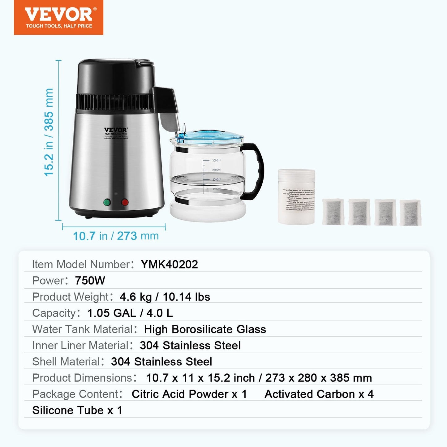 Home Countertop Water Distiller, 4L Pure Water Purifier, Stainless Steel, 750W
