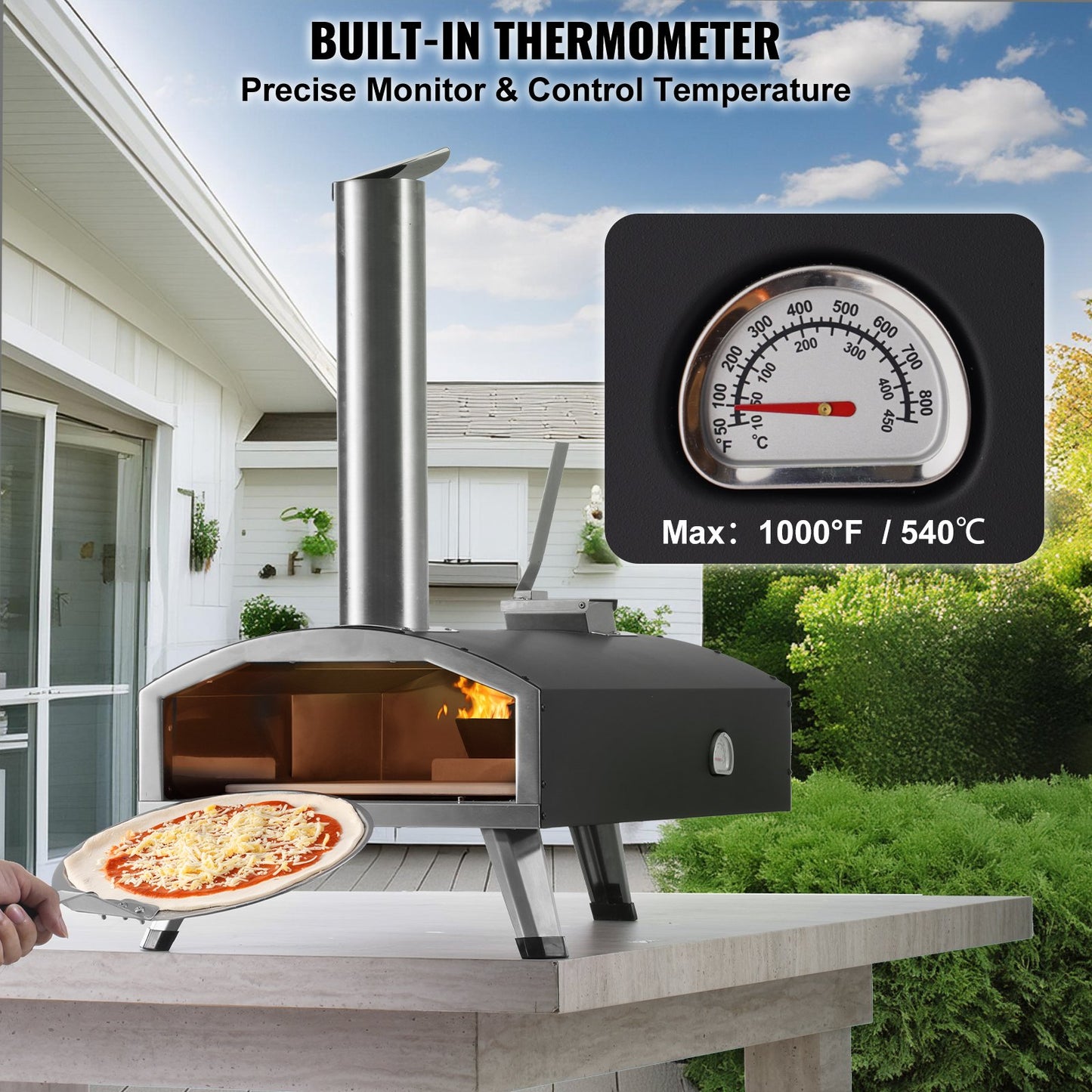 VEVOR Outdoor Pizza Oven, 12" Wood Fired Pizza Ovens, Pellet Pizza Stove with Thermometer,