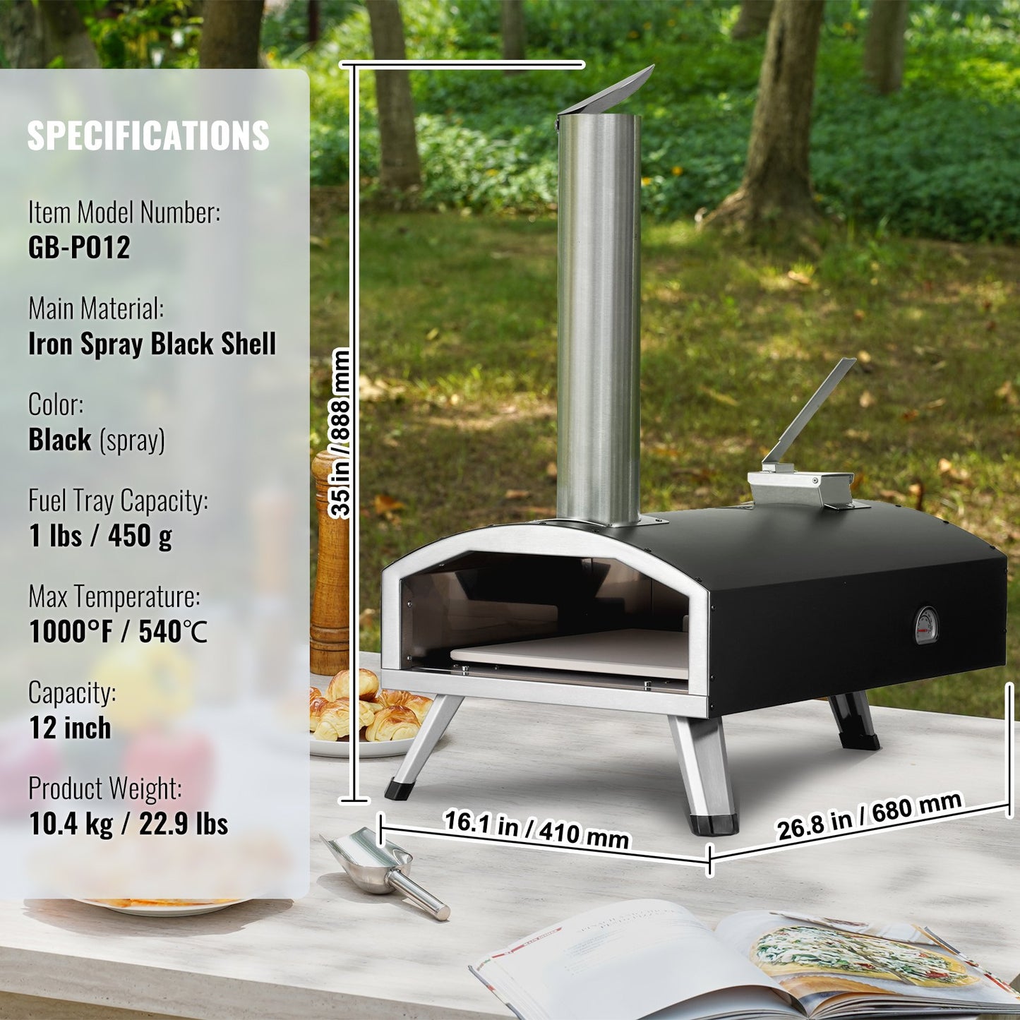 VEVOR Outdoor Pizza Oven, 12" Wood Fired Pizza Ovens, Pellet Pizza Stove with Thermometer,
