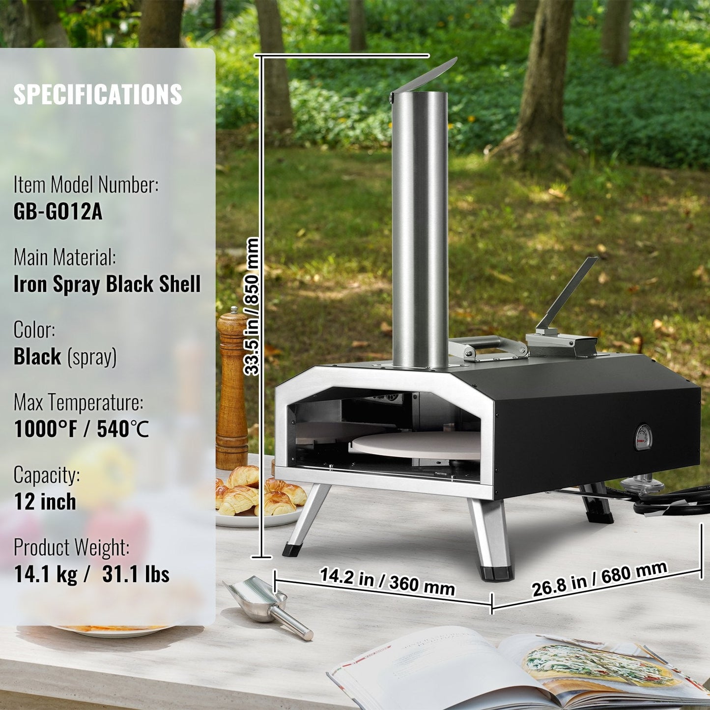 Outdoor Dual Fuel Pizza Oven, 0.3m Portable, Pellet & Gas, Black, 14kg
