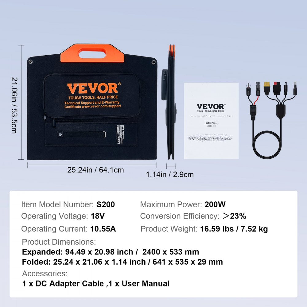 VEVOR Portable Monocrystalline Solar Panel 200W Foldable ETFE Solar Charger kit