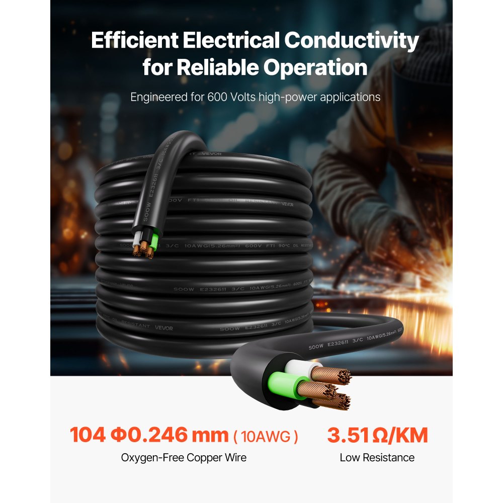 VEVOR 15.24 m 10AWG Premium Electrical Power Cable Copper Extension Cord Wire