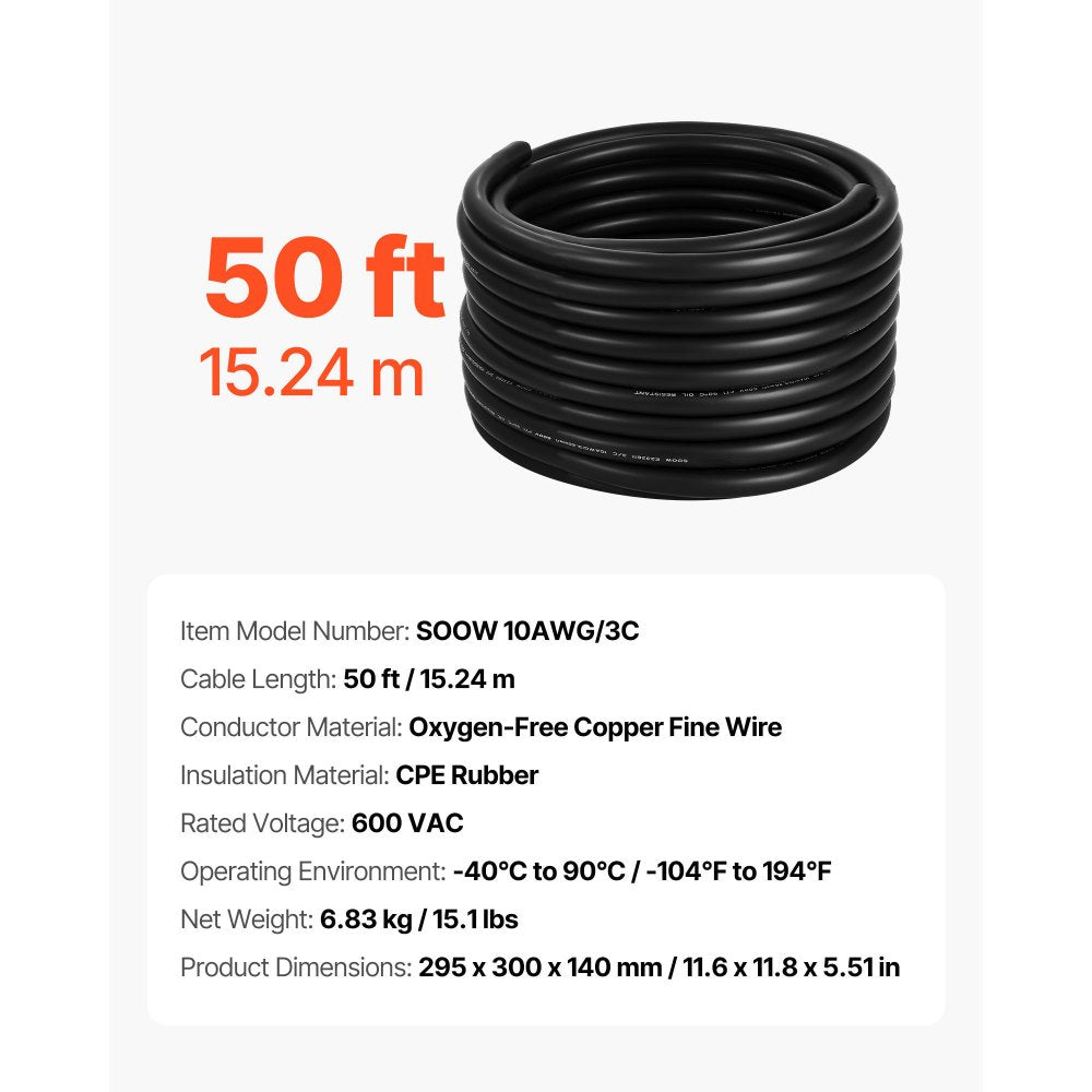 VEVOR 15.24 m 10AWG Premium Electrical Power Cable Copper Extension Cord Wire