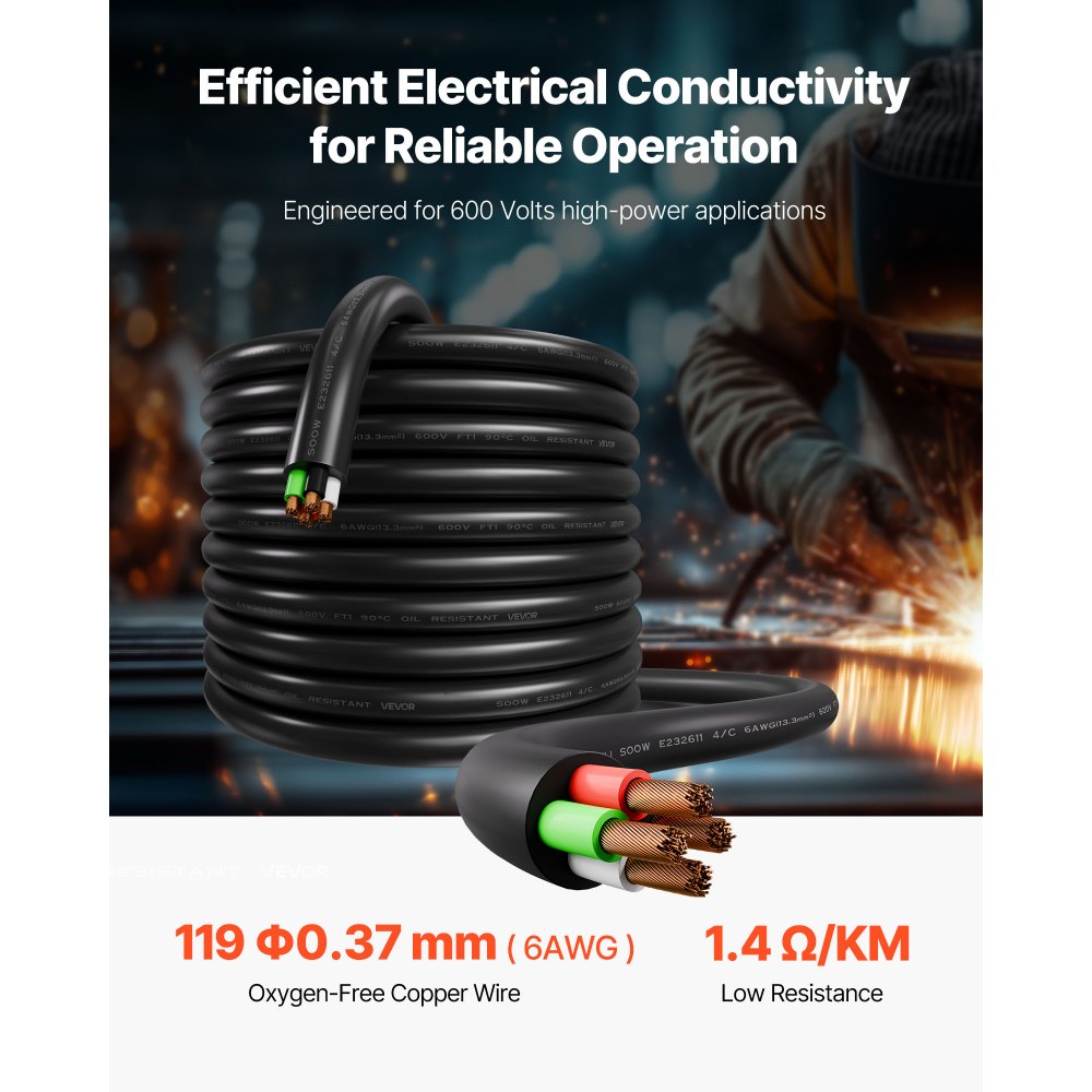 VEVOR 7.62 m 6AWG Portable Electrical Power Cable Extension Cord Copper Wire