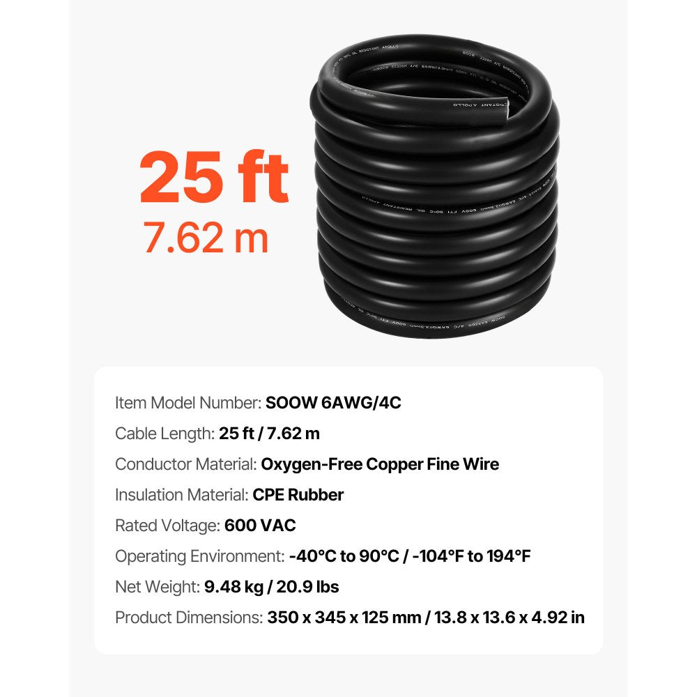 VEVOR 7.62 m 6AWG Portable Electrical Power Cable Extension Cord Copper Wire