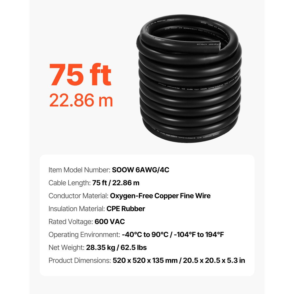 VEVOR 22.86 m 6AWG Premium Electrical Power Cable Extension Cord Copper Wire