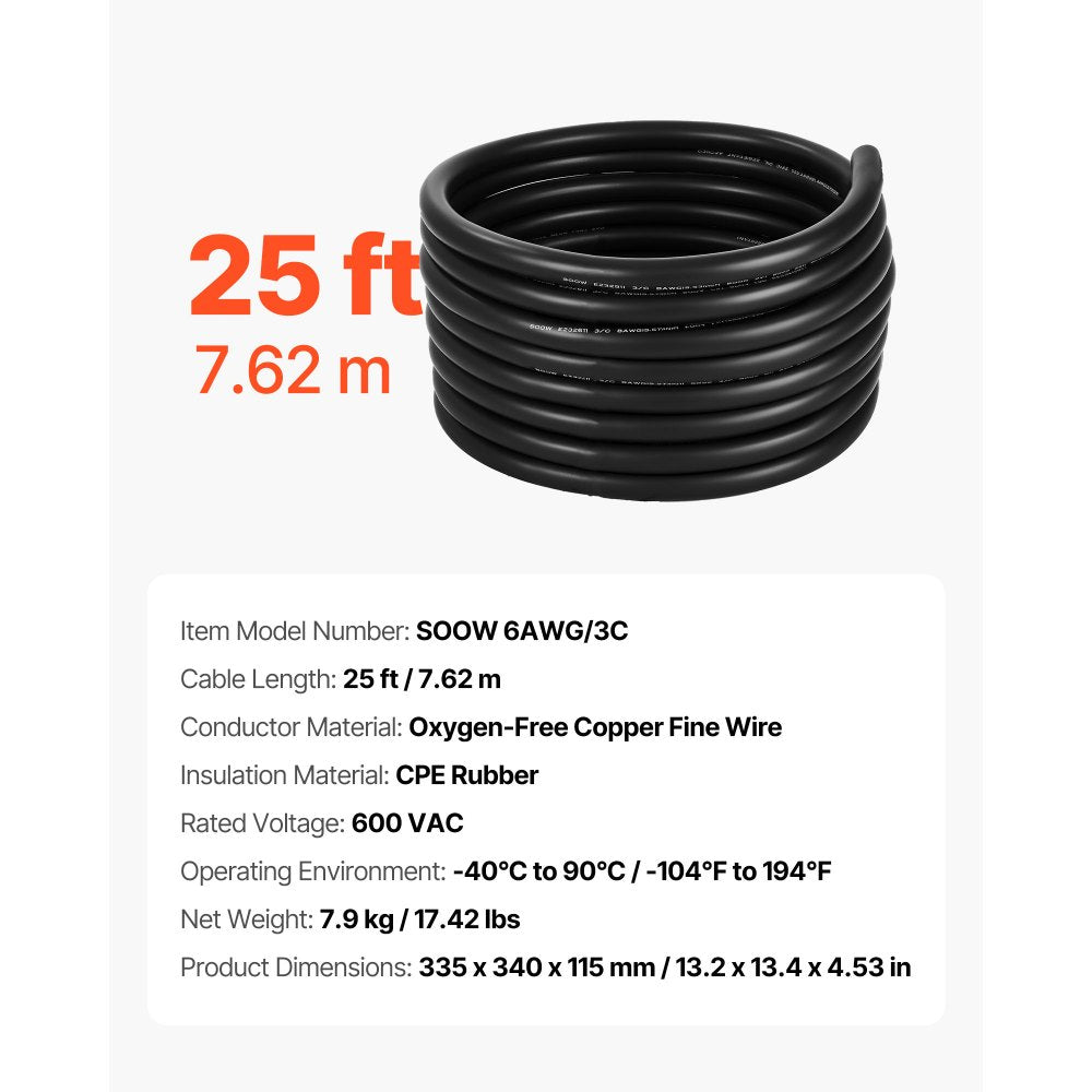 VEVOR 7.62 m 6AWG Premium Electrical Power Cable Extension Cord Copper Wire