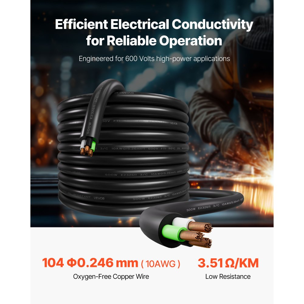 VEVOR 30.48 m 10AWG Premium Electrical Power Cable Copper Extension Cord Wire