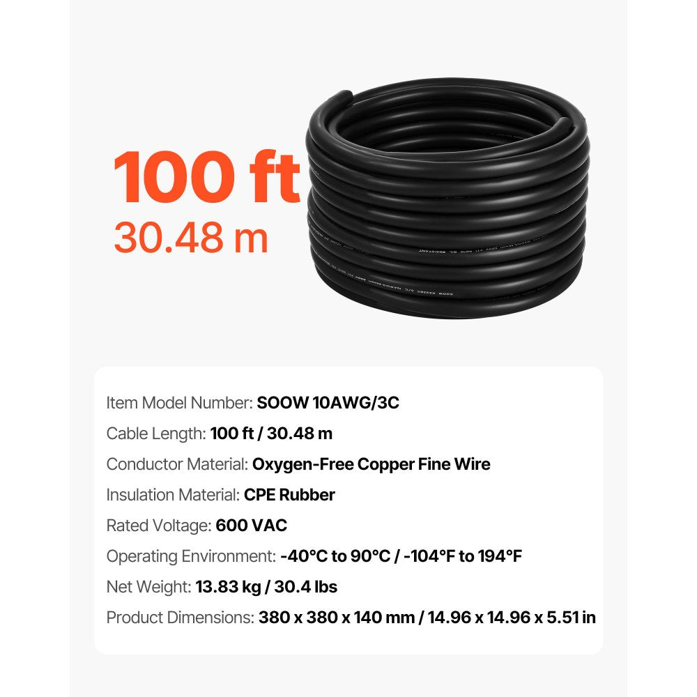 VEVOR 30.48 m 10AWG Premium Electrical Power Cable Copper Extension Cord Wire