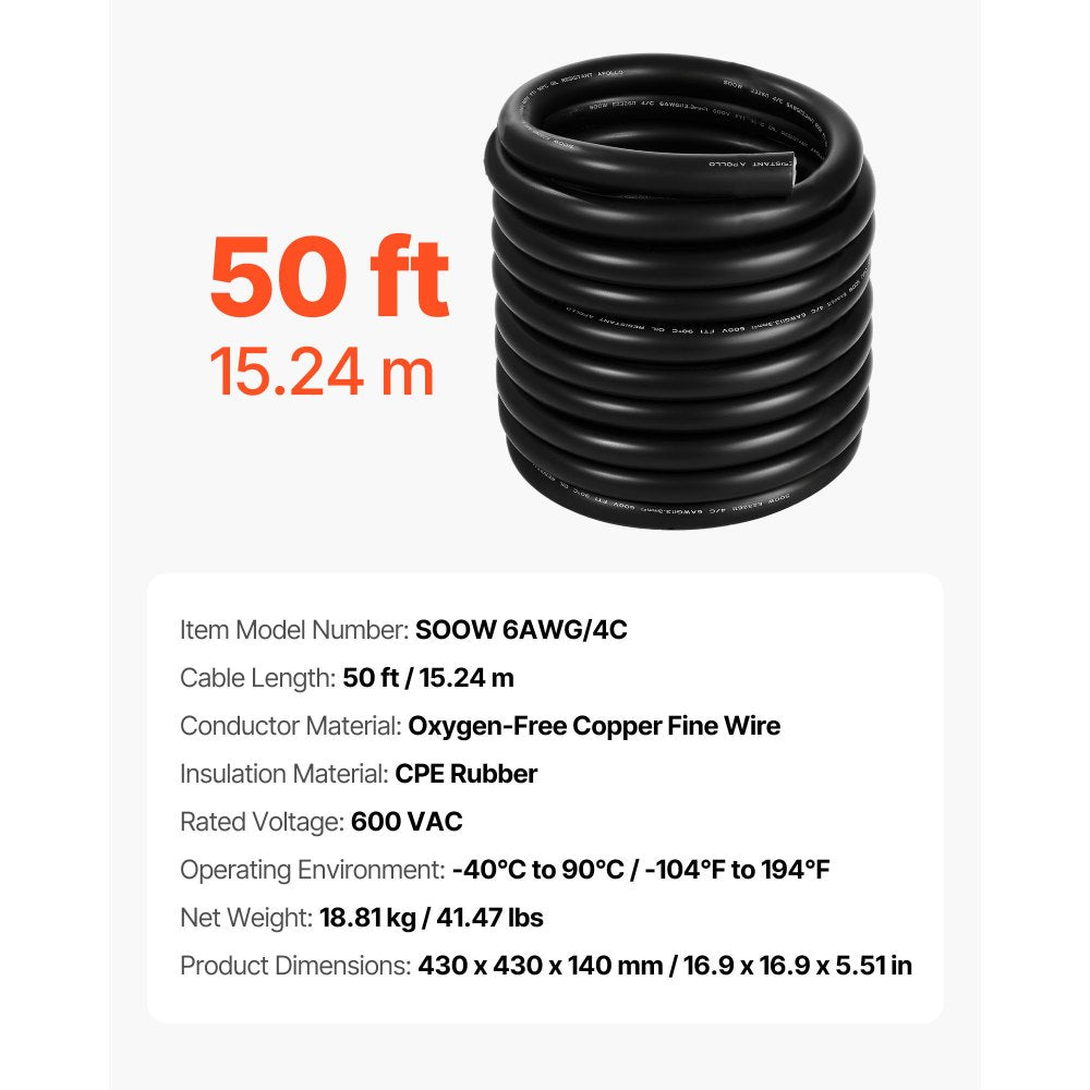 VEVOR 15.24 m 6AWG Premium Electrical Power Cable Extension Cord Copper Wire