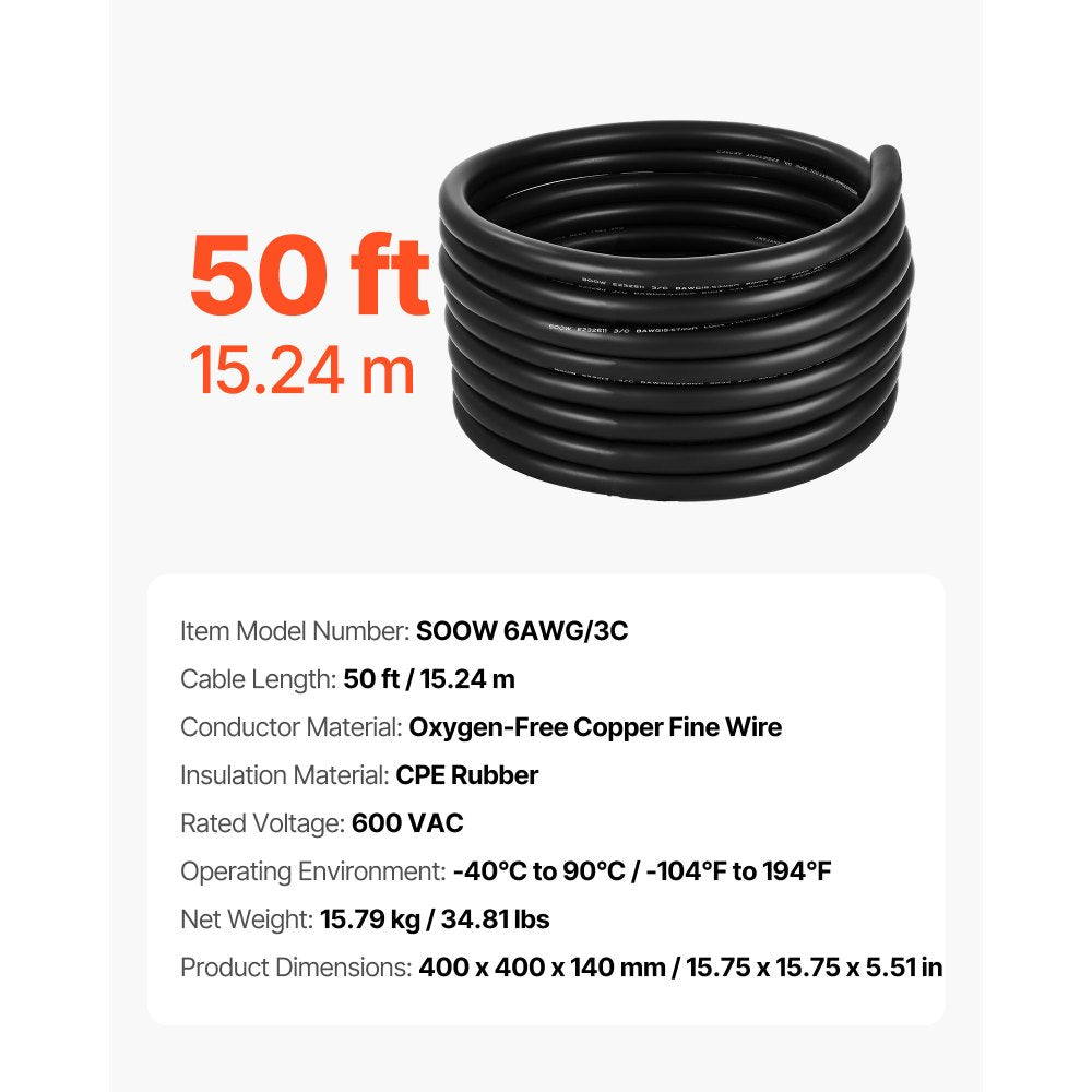 VEVOR 15.24 m 6AWG Portable Electrical Power Cable Extension Cord Copper Wire