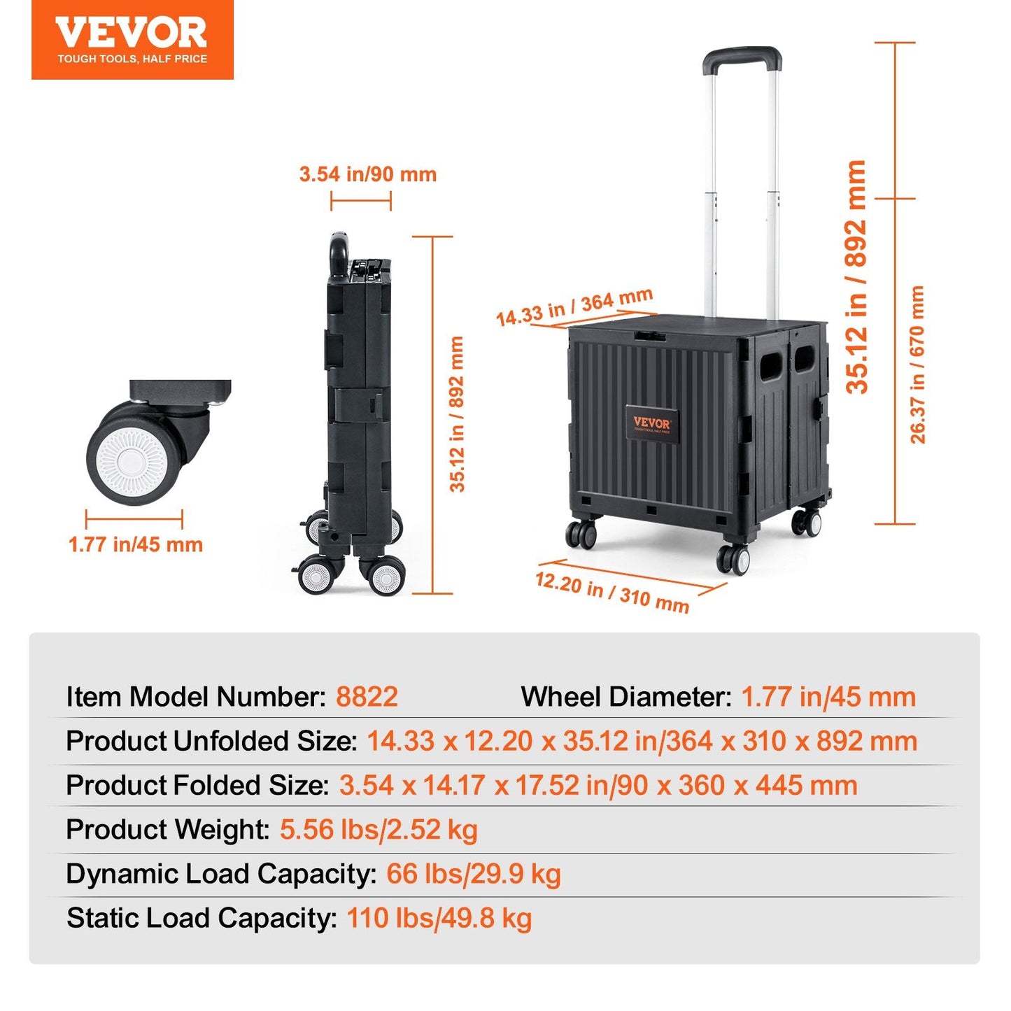Foldable Utility Cart with 50 kg Capacity, Portable Rolling Crate for Travel & Office