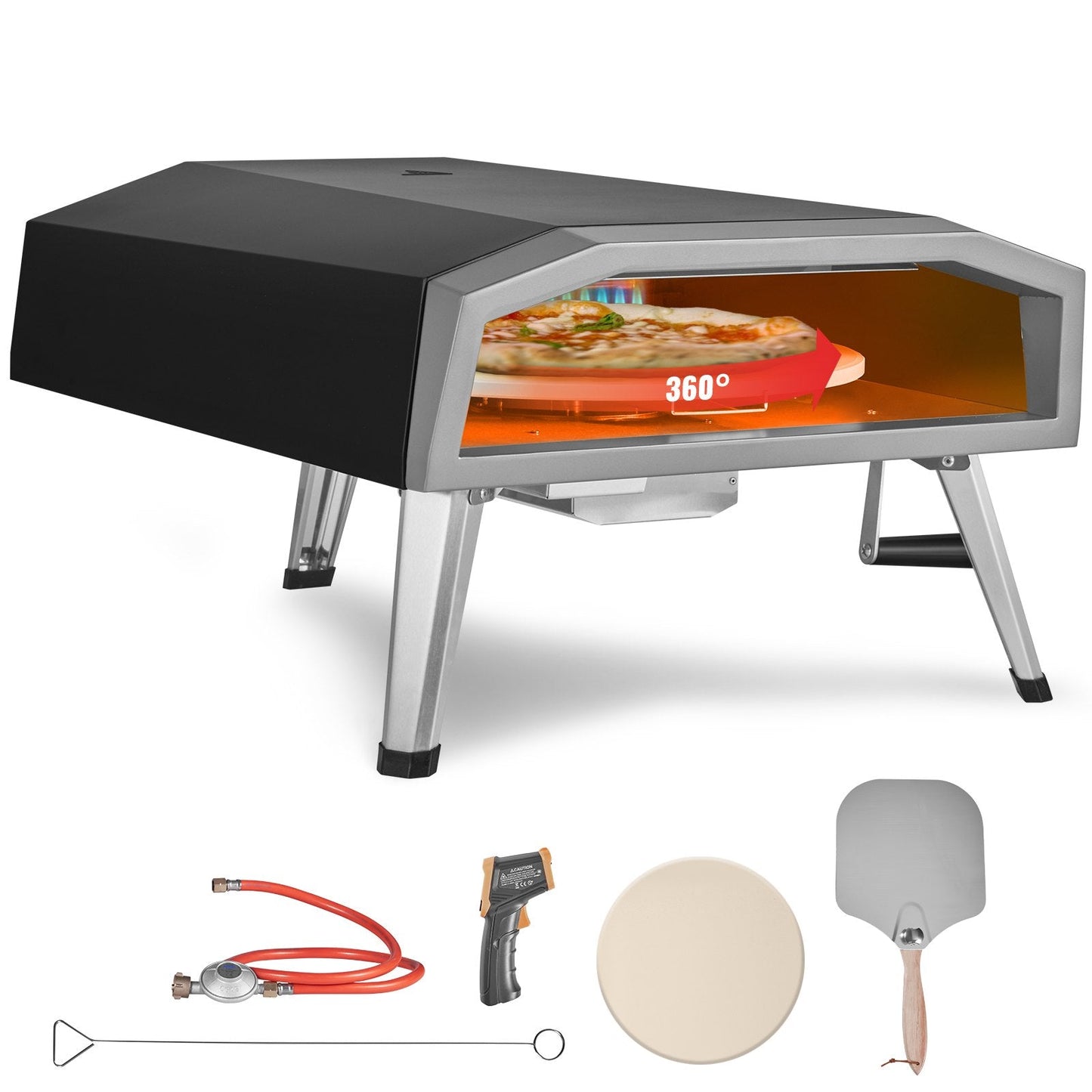 Portable Gas Pizza Oven, 0.4m, Stainless Steel with Rotating Stone & Accessories