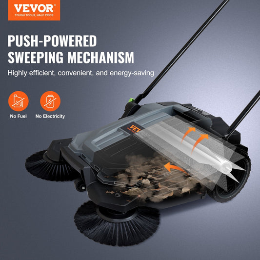 Manual floor sweeper with large side brushes and a 5-gallon waste container