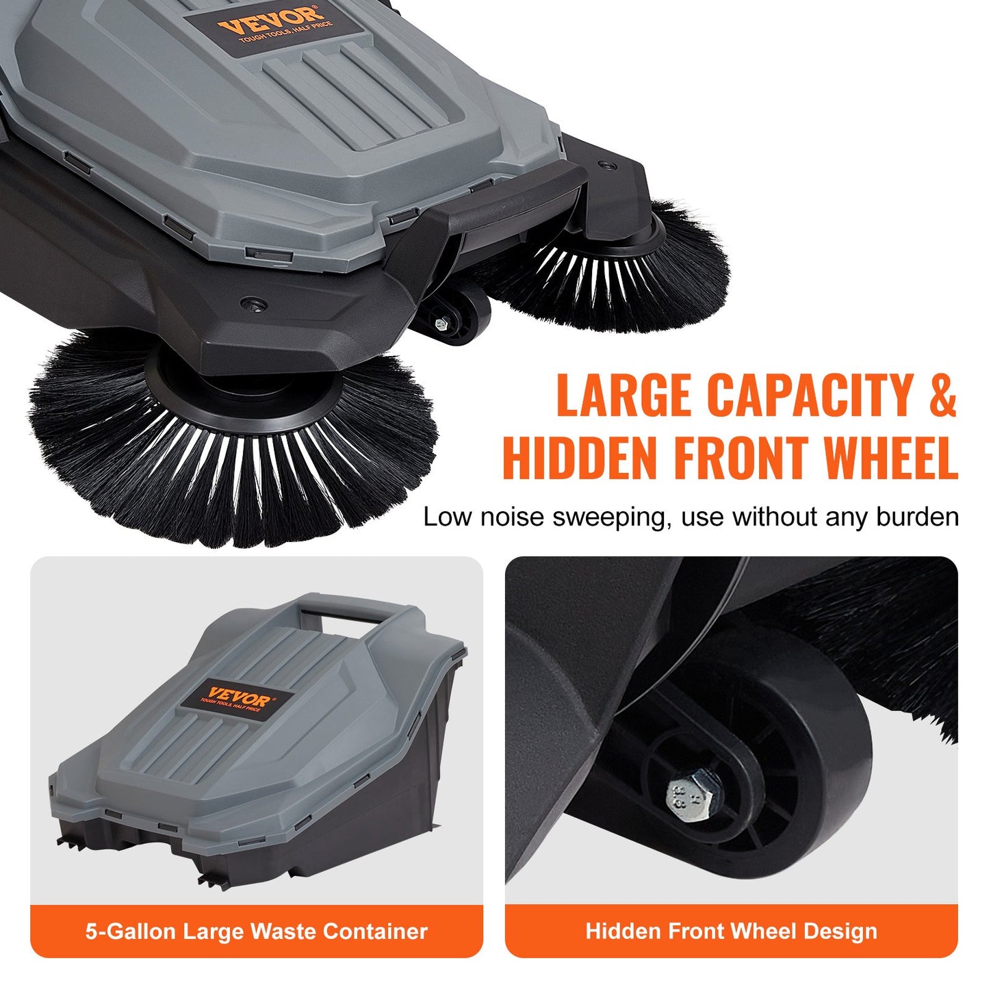 VEVOR Walk-behind Hand Push Floor Sweeper 25.6" Width 5 Gallon Waste Container