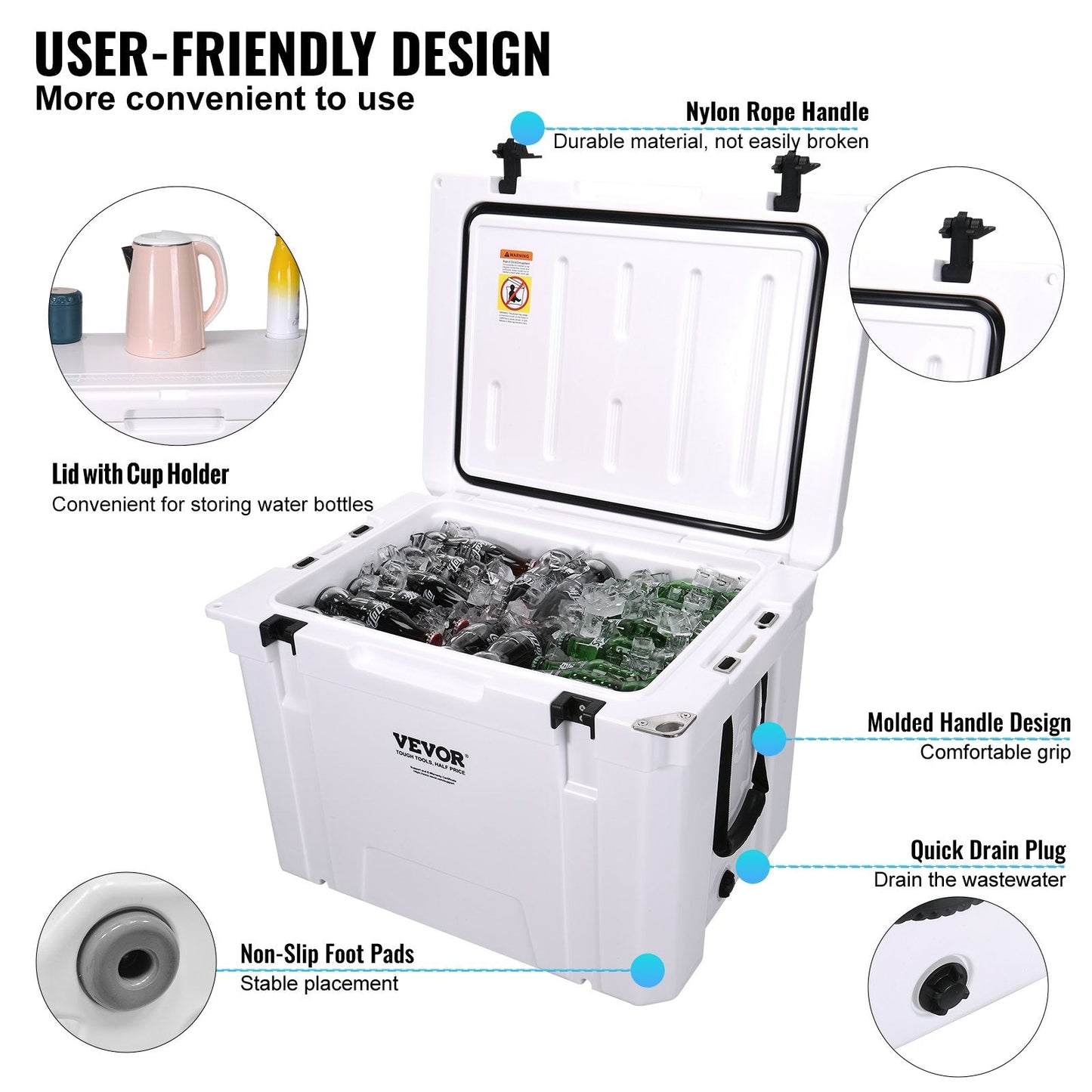 Insulated 65 qt Portable Cooler, 13 kg, 0.64 m, Holds 65 Cans, 6-Day Ice Retention