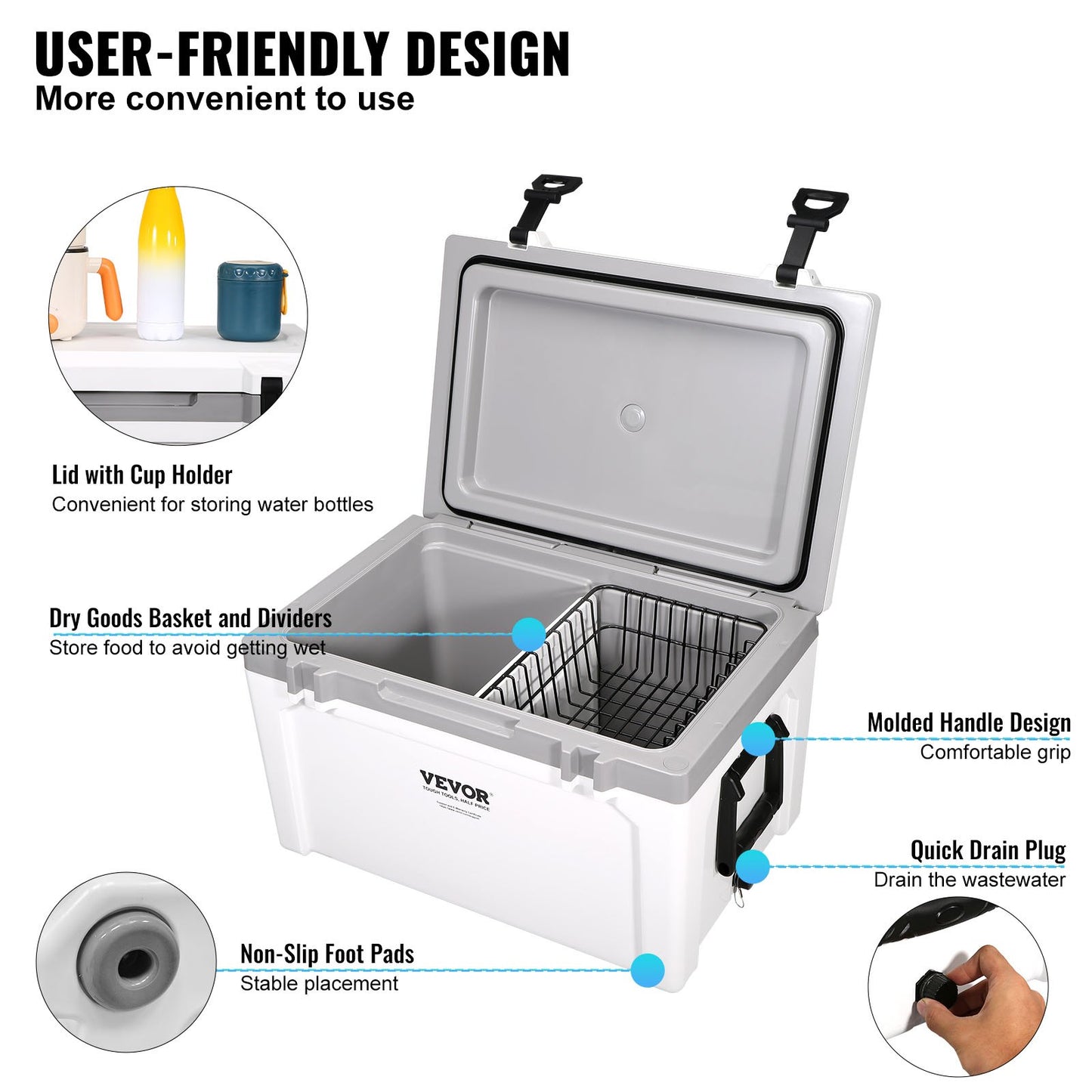 VEVOR Insulated Portable Cooler, 49 L, Holds 50 Cans, Ice Retention Hard Cooler