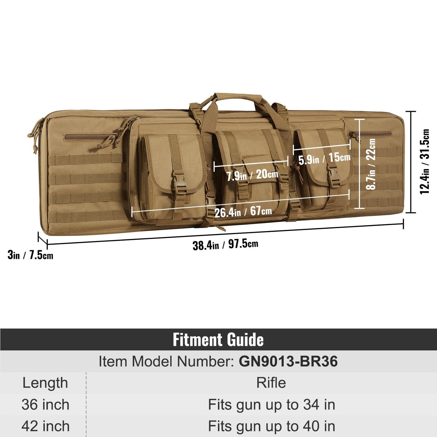 Tactical Double Gun Bag for 2 Rifles & 2 Pistols, 0.91m, Waterproof, Brown
