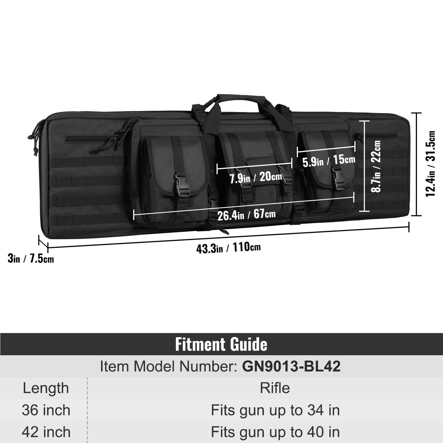 Tactical Double Gun Bag for 2 Rifles & 2 Pistols, 1.07m, Waterproof, Black
