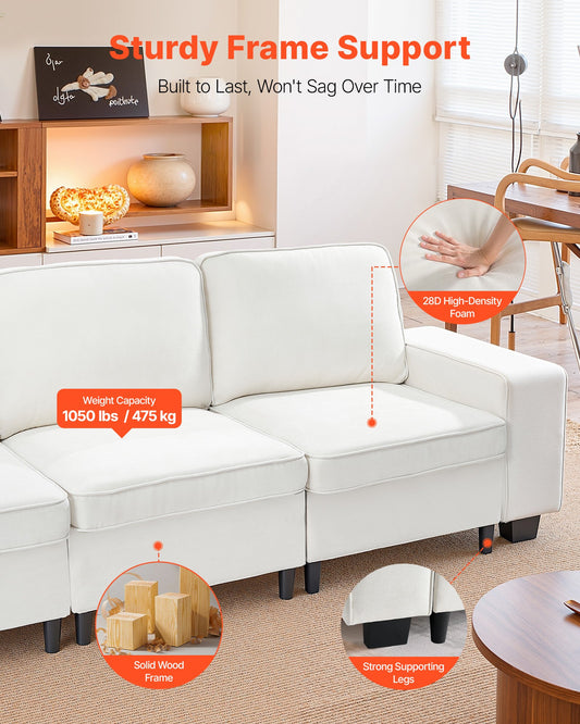 3 Steater Sofa, Modular Sectional Couch with Bottom Storage Space, Modern Comfy Cloud Sofa with Side Storage Pockets and Metal Frame, Ideal for Living Room, Bedroom, Apartment and Office, White