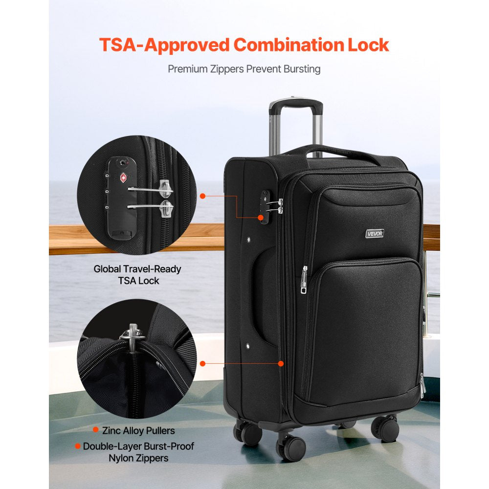 VEVOR 61cm Softside Expandable Luggage with Spinner Wheel Checked Suitcase Black